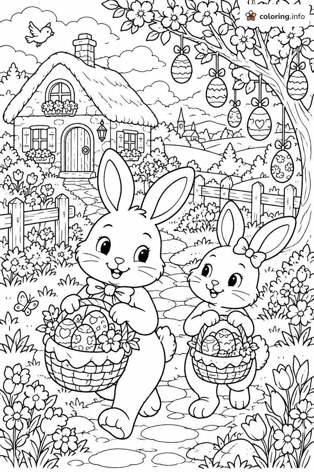 Cottage Path Easter Scene with Two Bunnies and Egg Baskets coloring page Cottage Path Easter Scene with Two Bunnies and Egg Baskets coloring page