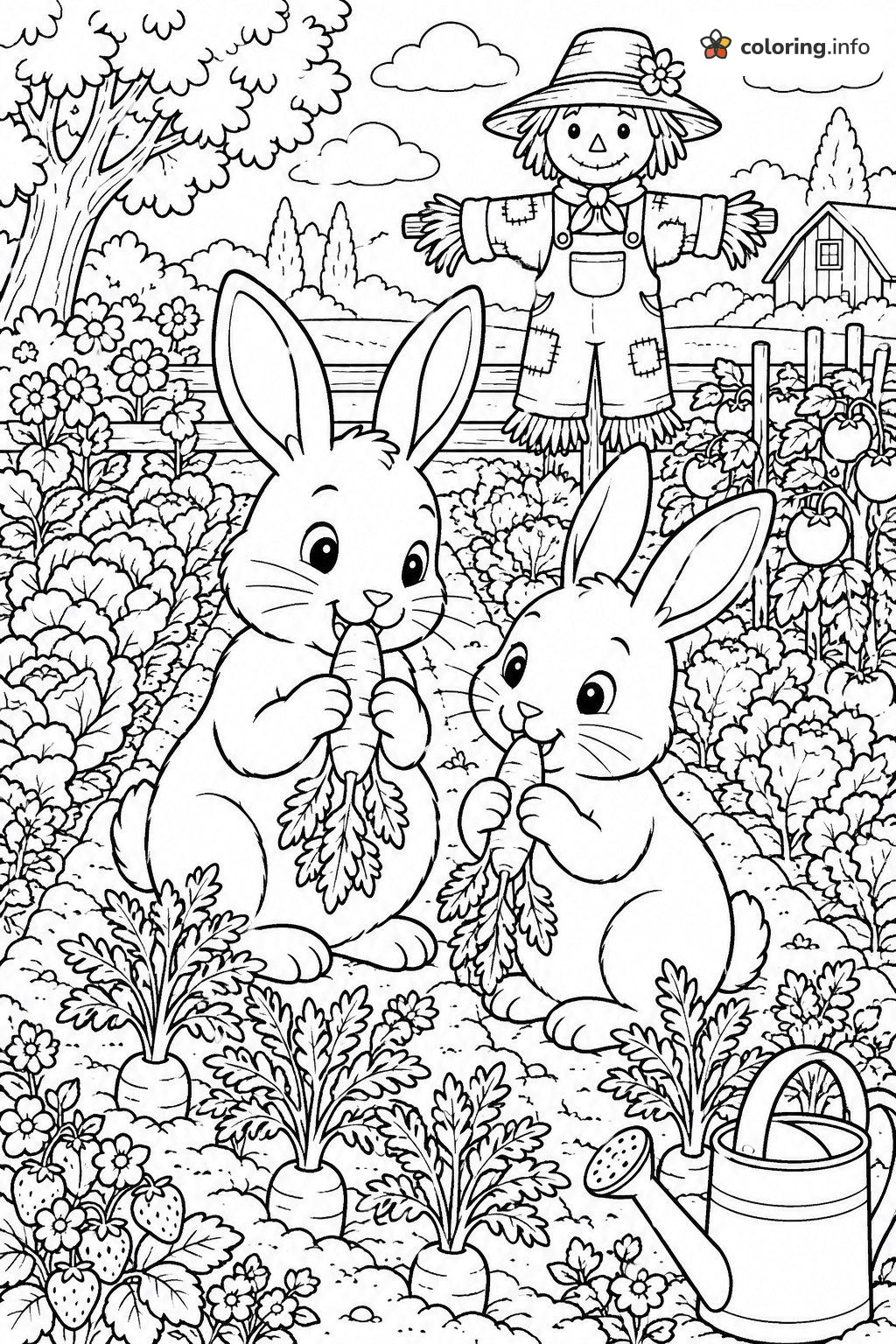 Bunnies in the Veggie Garden, Farm Animals Coloring Page Bunnies in the Veggie Garden, Farm Animals Coloring Page