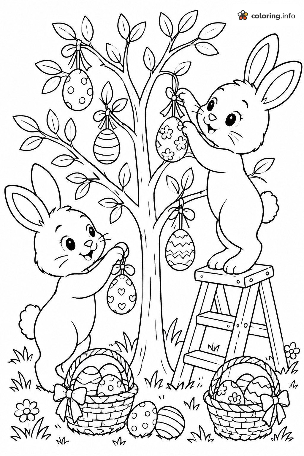 Pair of Easter Bunny Friends Hanging Eggs on a Tree coloring page Pair of Easter Bunny Friends Hanging Eggs on a Tree coloring page