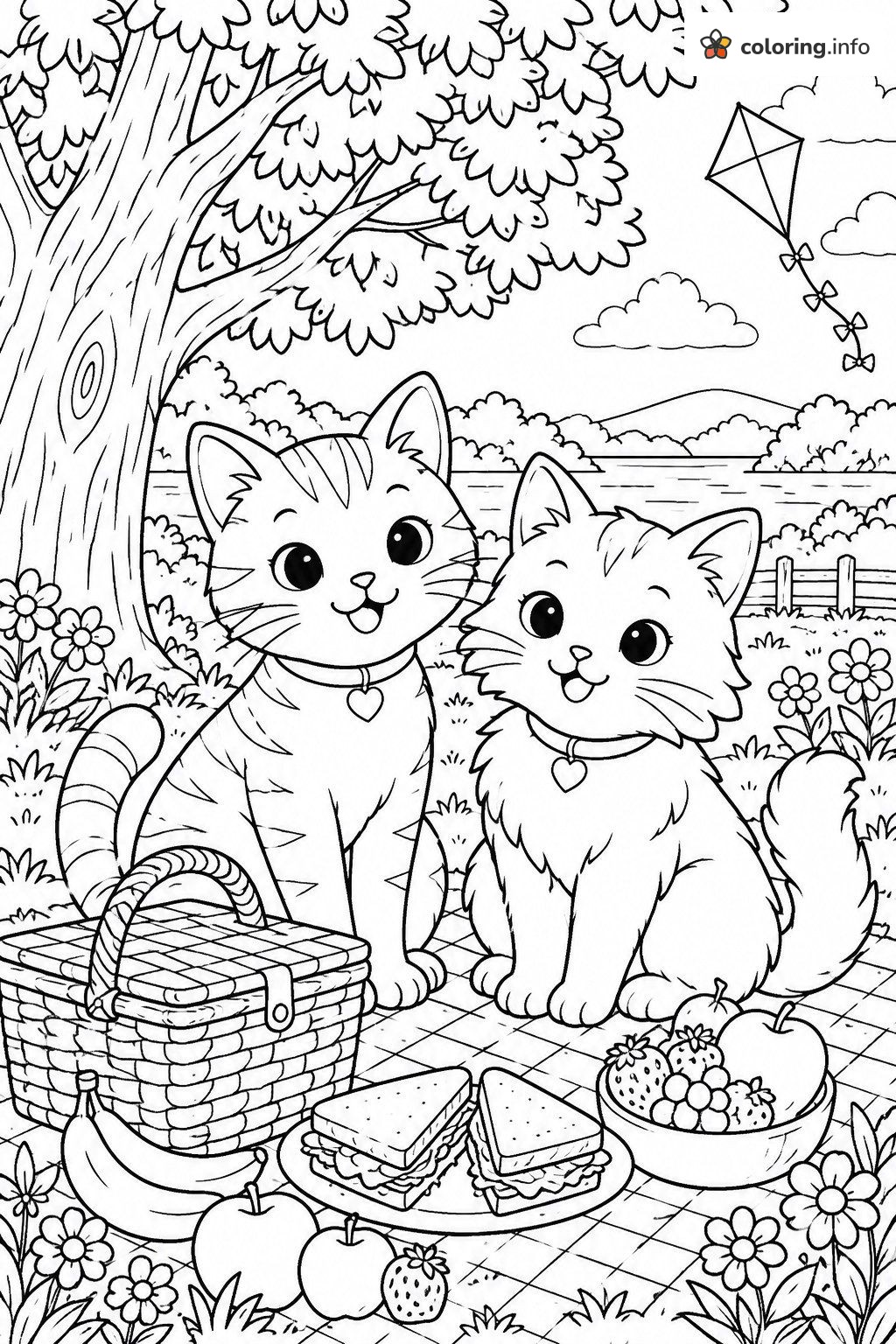 Picnic Time for Two Cats Under a Big Tree coloring page Picnic Time for Two Cats Under a Big Tree coloring page