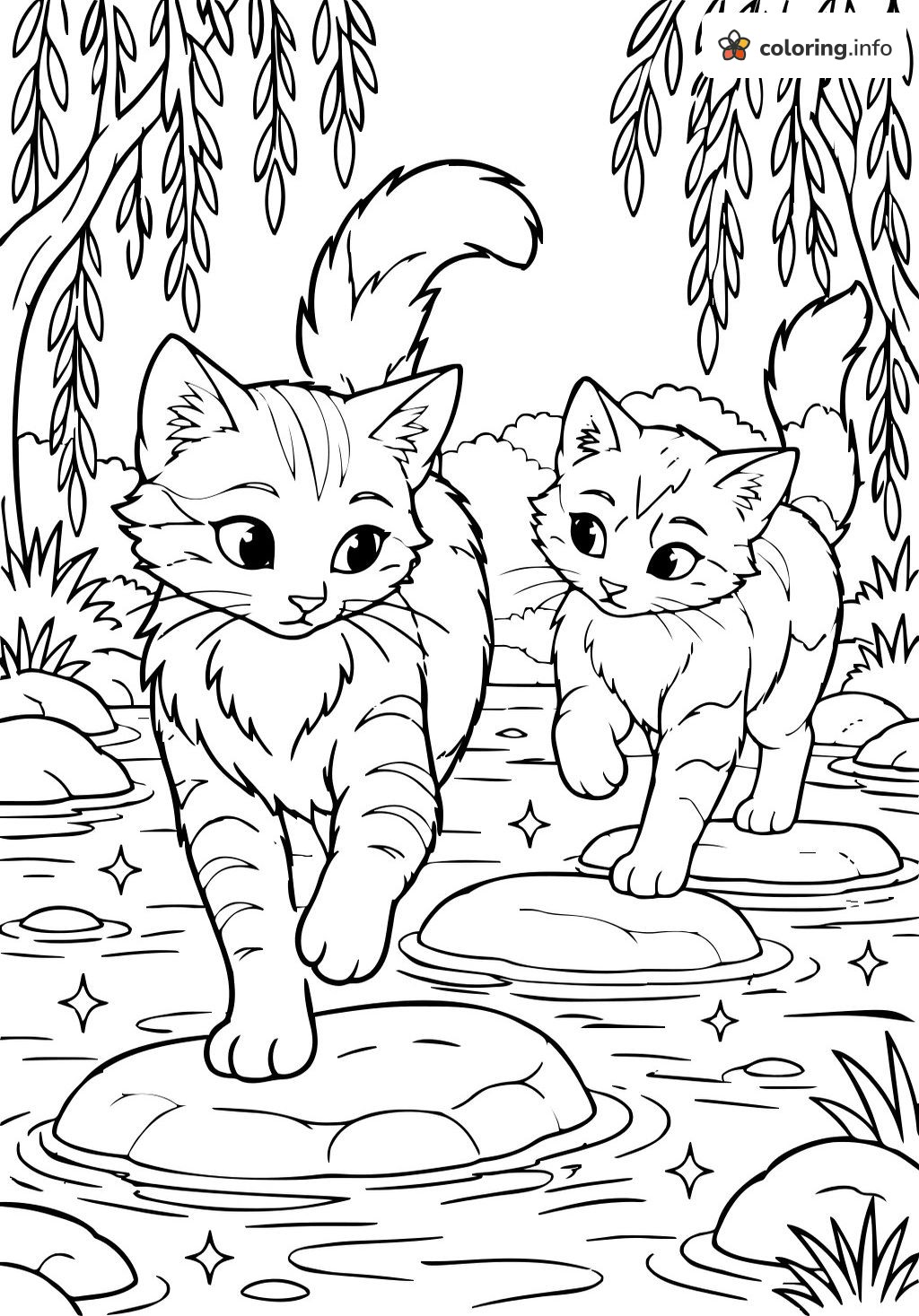 Stream Crossing Fun With Two Warrior Cats on Stepping Stones coloring page Stream Crossing Fun With Two Warrior Cats on Stepping Stones coloring page