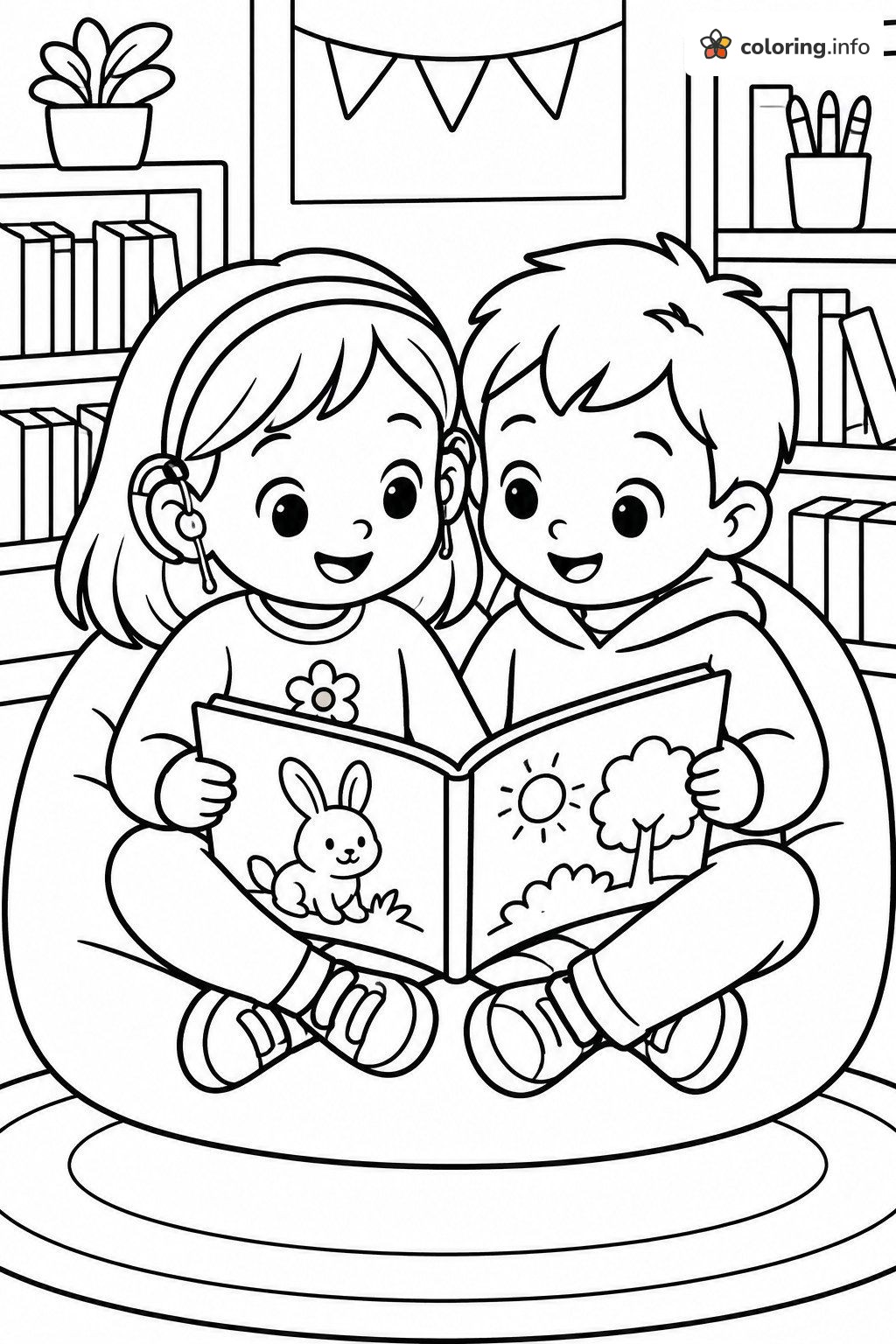Two Kids, One Bunny Book, and a Hearing Aid | Diversity & Inclusion coloring page Two Kids, One Bunny Book, and a Hearing Aid | Diversity & Inclusion coloring page