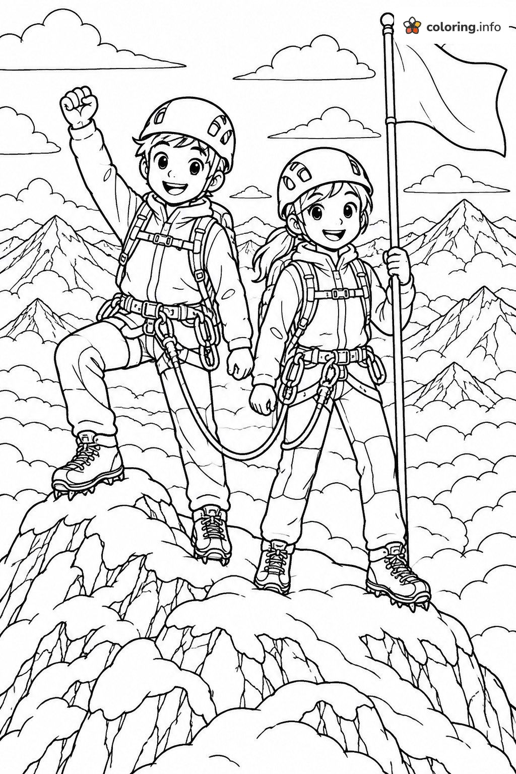 Summit Celebration: Two Climbers on a Mountain Peak coloring page Summit Celebration: Two Climbers on a Mountain Peak coloring page