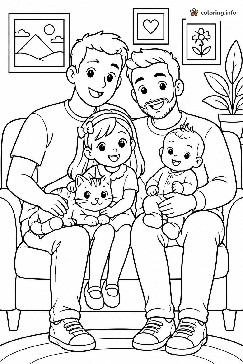 Two Dads on the Sofa with Their Kids and Kitten, Diversity & Inclusion coloring page Two Dads on the Sofa with Their Kids and Kitten, Diversity & Inclusion coloring page
