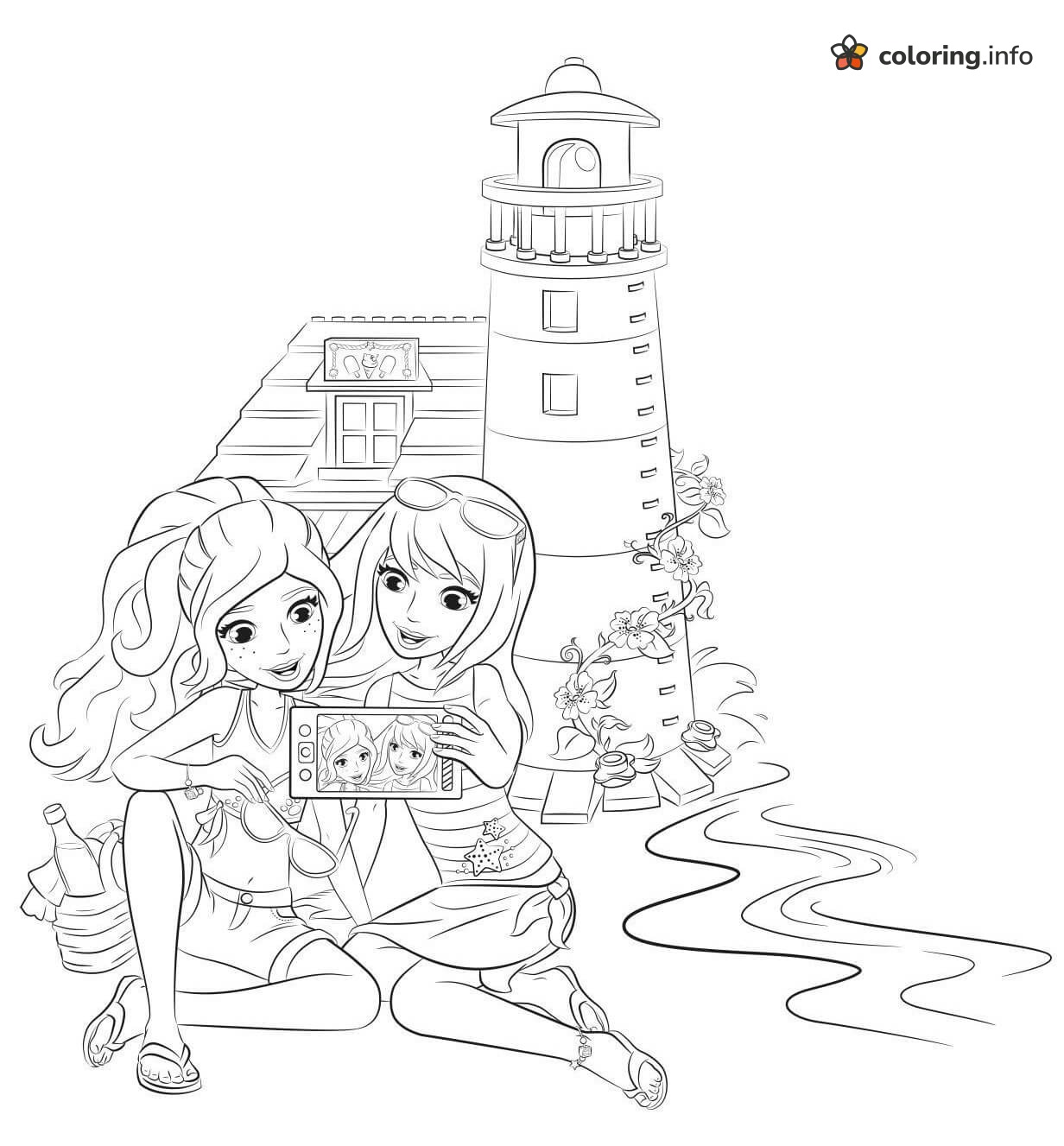 Beach Selfie by the Lighthouse, Lego Friends Style coloring page Beach Selfie by the Lighthouse, Lego Friends Style coloring page