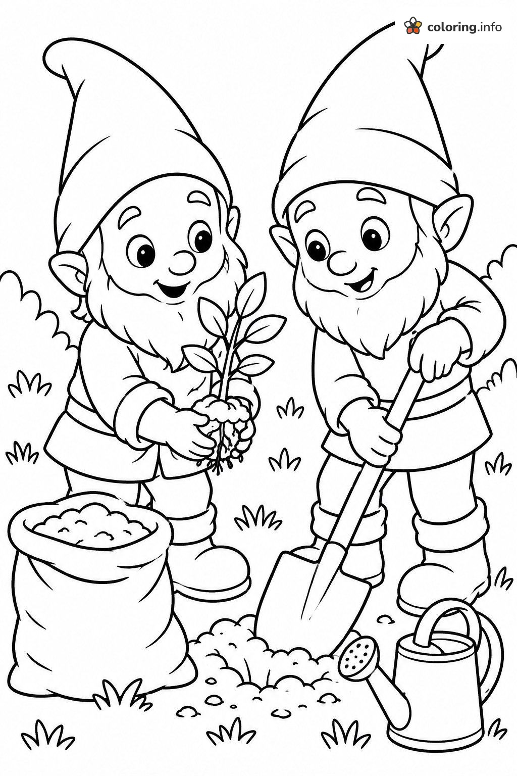 Two Gnomes Planting a Sapling Together coloring page Two Gnomes Planting a Sapling Together coloring page