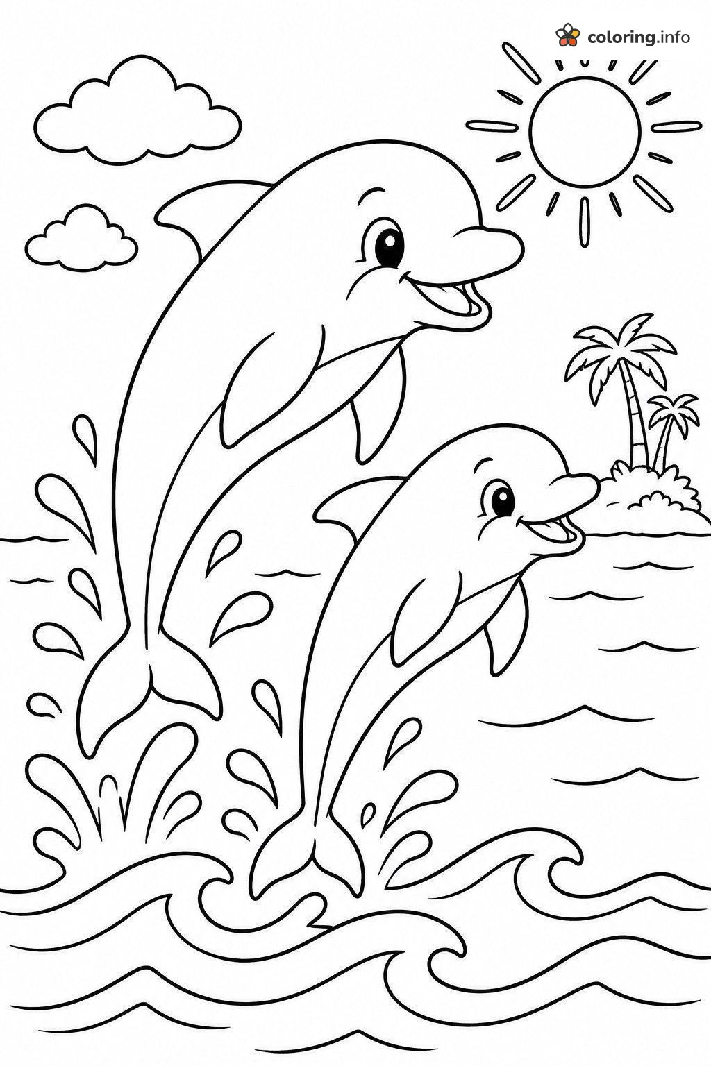 Dolphin Pair Jumping Over Hawaiian Waves coloring sheet Dolphin Pair Jumping Over Hawaiian Waves coloring sheet