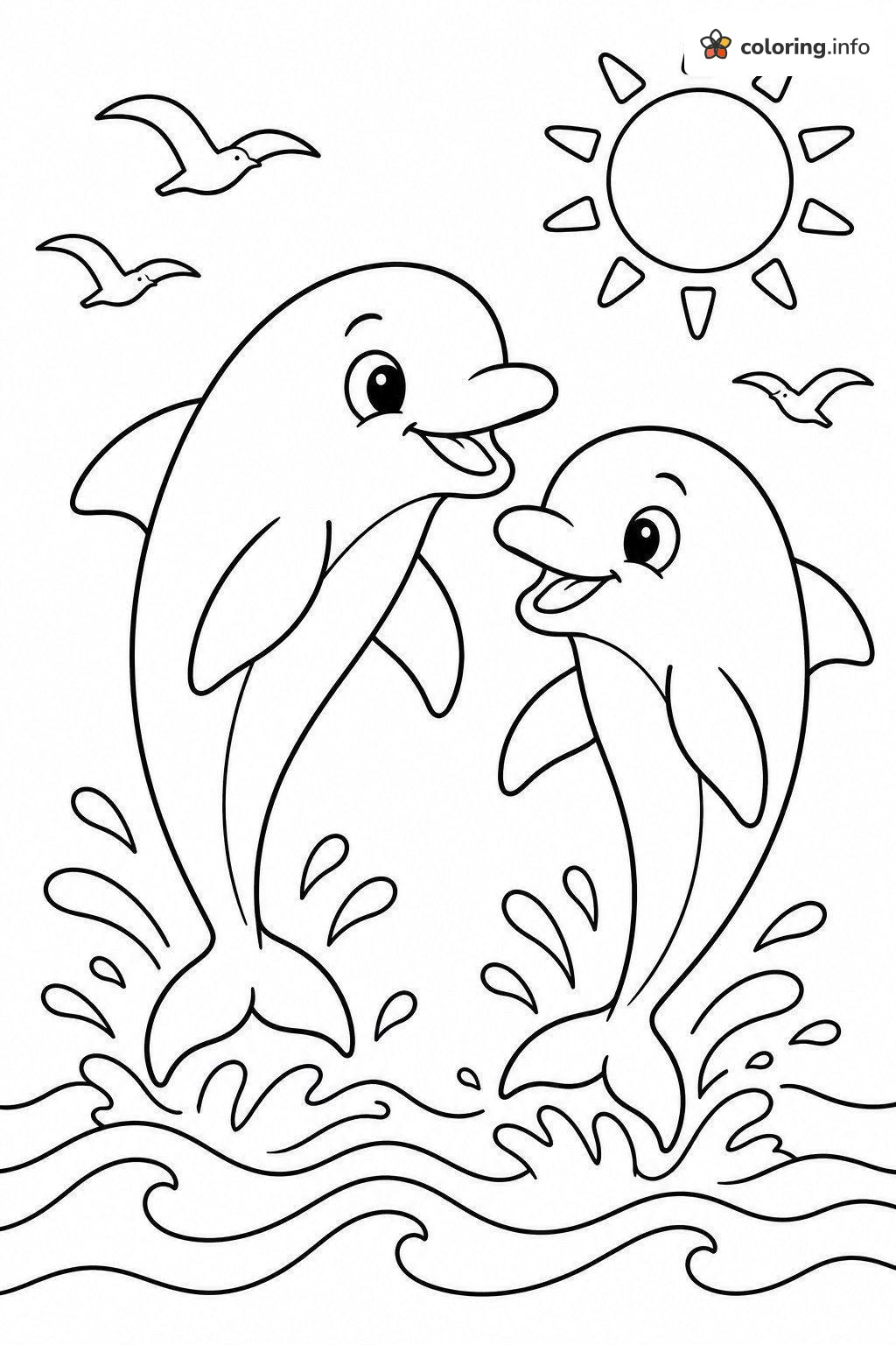 Two Dolphins Jumping Over Beach Waves printable coloring page Two Dolphins Jumping Over Beach Waves printable coloring page