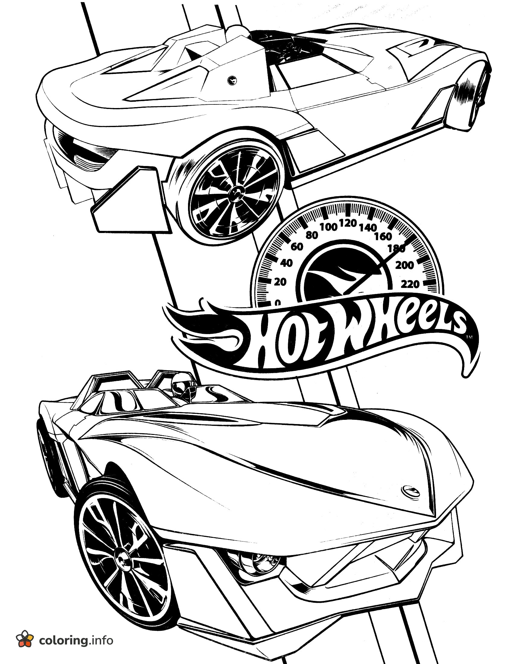 Two Hot Wheels Roadsters Above a Speedometer coloring page Two Hot Wheels Roadsters Above a Speedometer coloring page