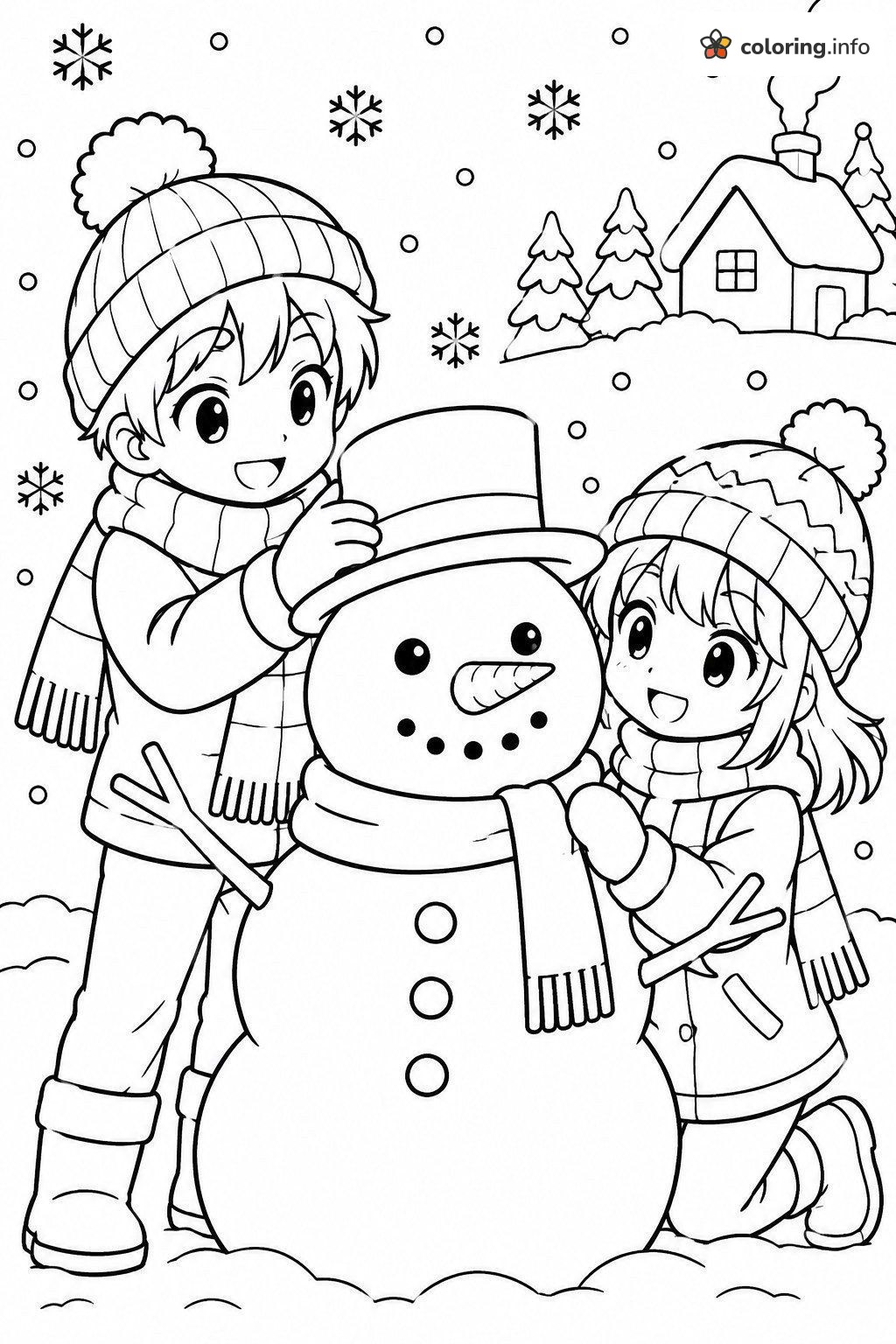 Building a Snowman Together, Anime Style Winter Kids coloring page Building a Snowman Together, Anime Style Winter Kids coloring page