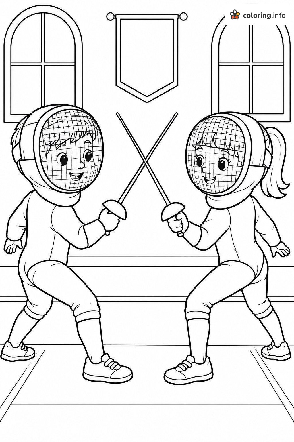Two Kids Fencing Duel in Gym coloring sheet Two Kids Fencing Duel in Gym coloring sheet