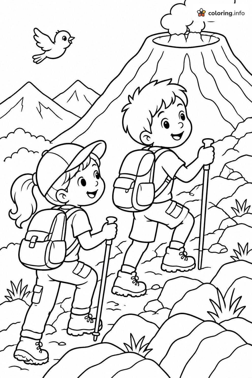 Two Young Hikers Climbing Toward a Volcano coloring page Two Young Hikers Climbing Toward a Volcano coloring page