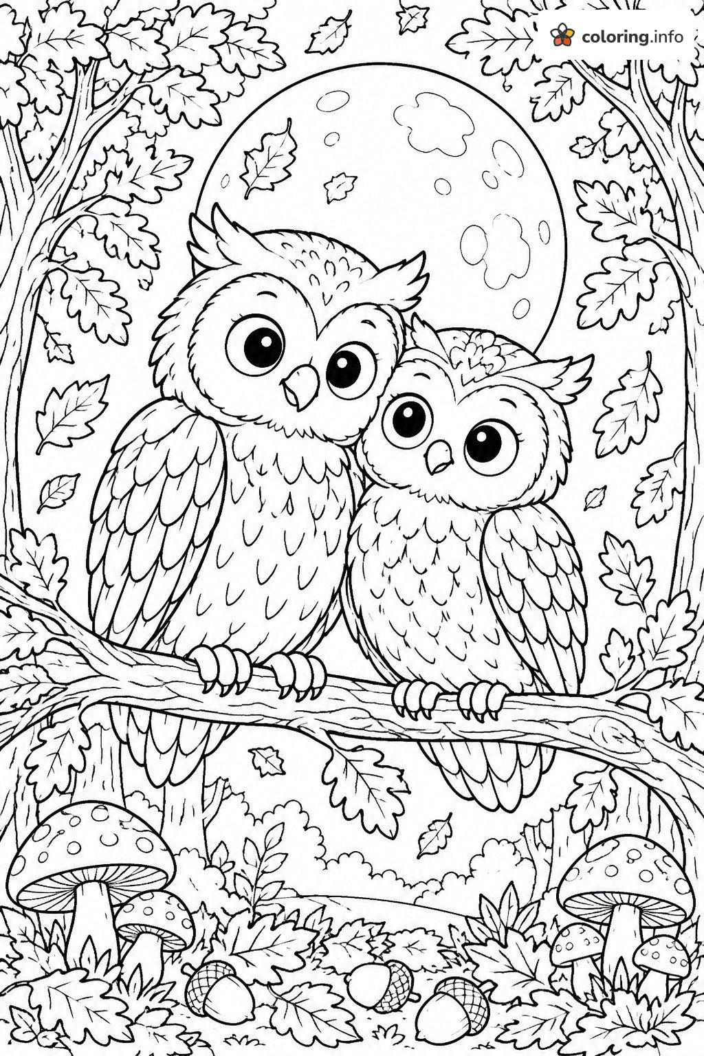 Two Owls Snuggling Under a Full Moon coloring page Two Owls Snuggling Under a Full Moon coloring page