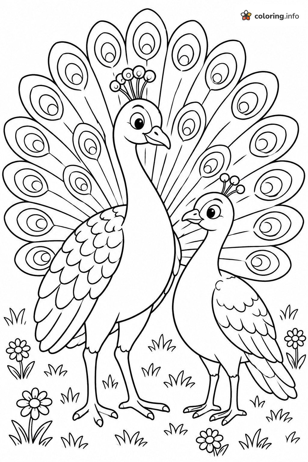 Two Peacocks and a Flower Meadow coloring page Two Peacocks and a Flower Meadow coloring page