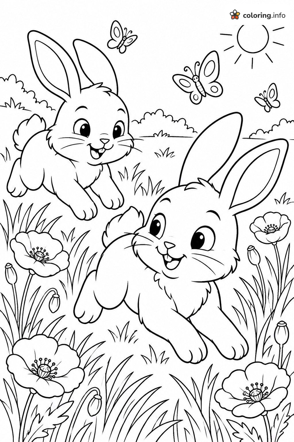 Hopping Bunnies in a Sunny Poppy Meadow coloring page Hopping Bunnies in a Sunny Poppy Meadow coloring page