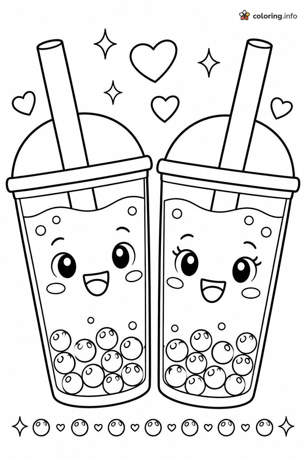 Two Kawaii Boba Tea Cups with Hearts and Sparkles coloring page Two Kawaii Boba Tea Cups with Hearts and Sparkles coloring page