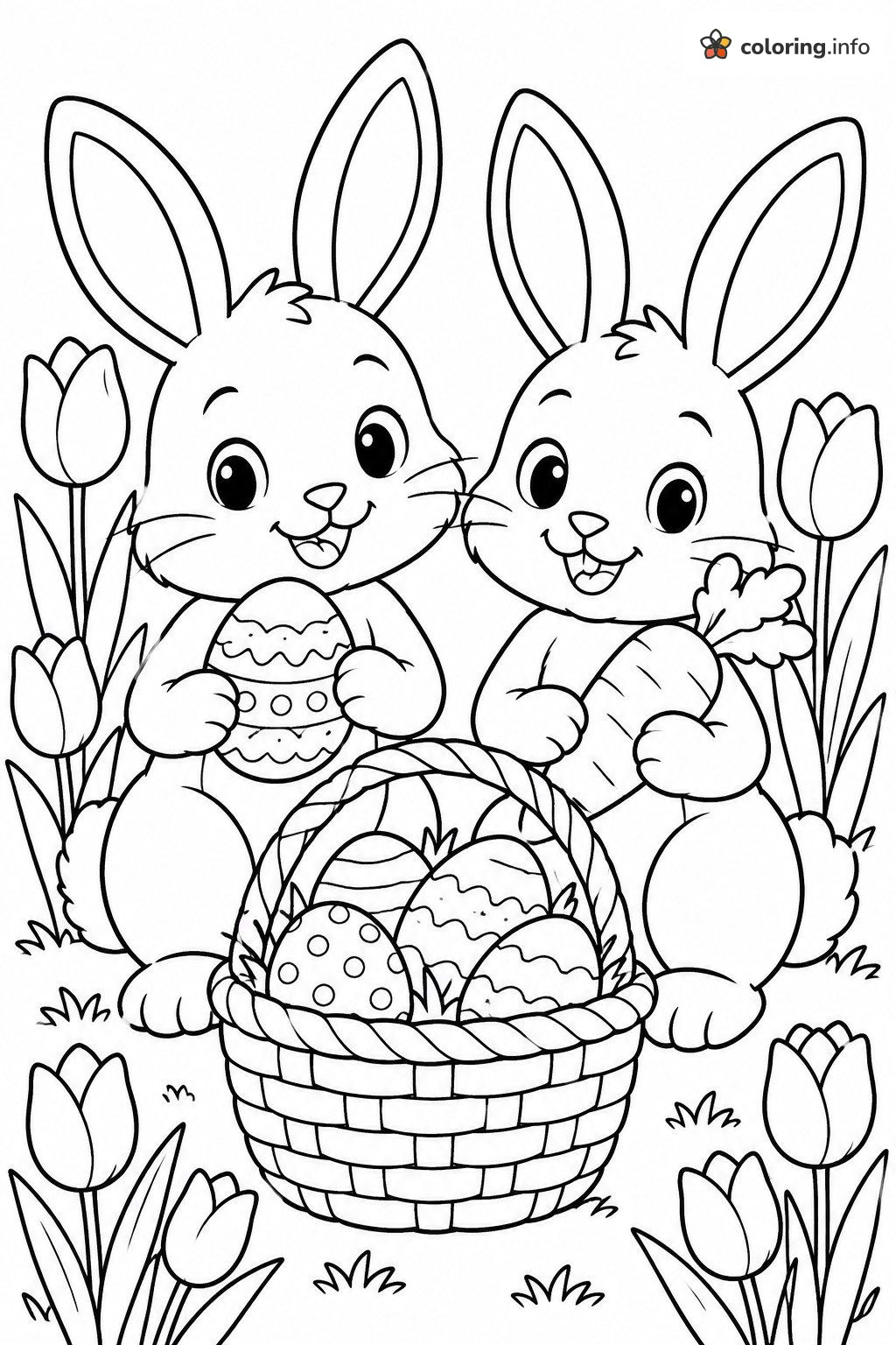 Two Bunnies Sharing Eggs, Carrot and Easter Basket coloring sheet Two Bunnies Sharing Eggs, Carrot and Easter Basket coloring sheet