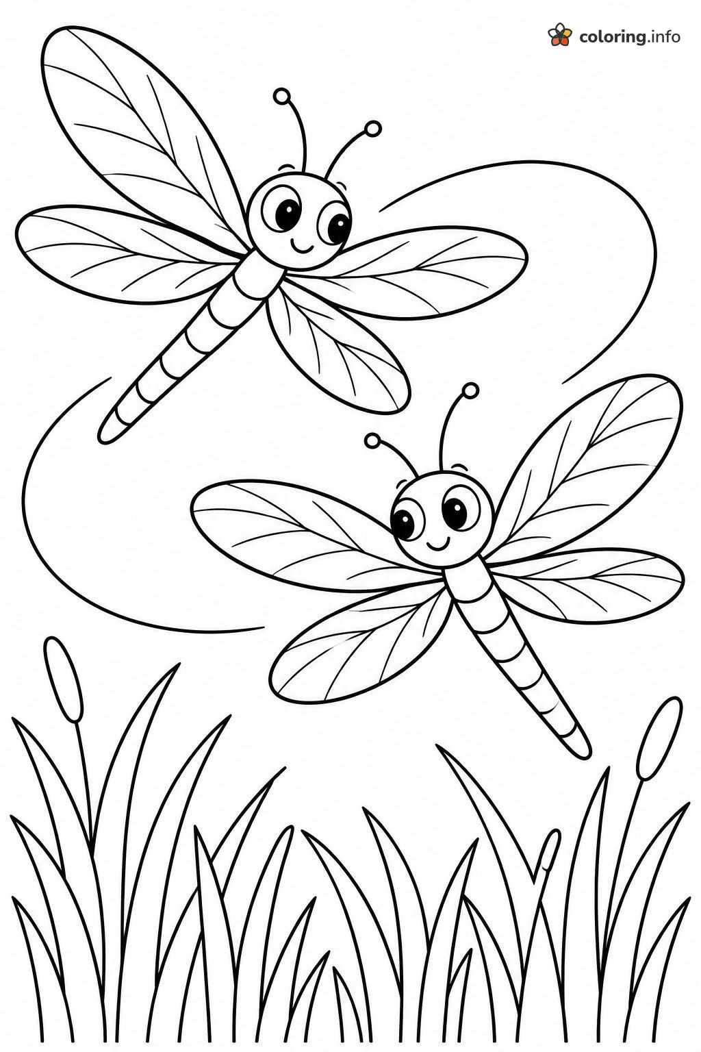 Pair of Dragonflies Flying Over Grass and Cattails coloring page Pair of Dragonflies Flying Over Grass and Cattails coloring page