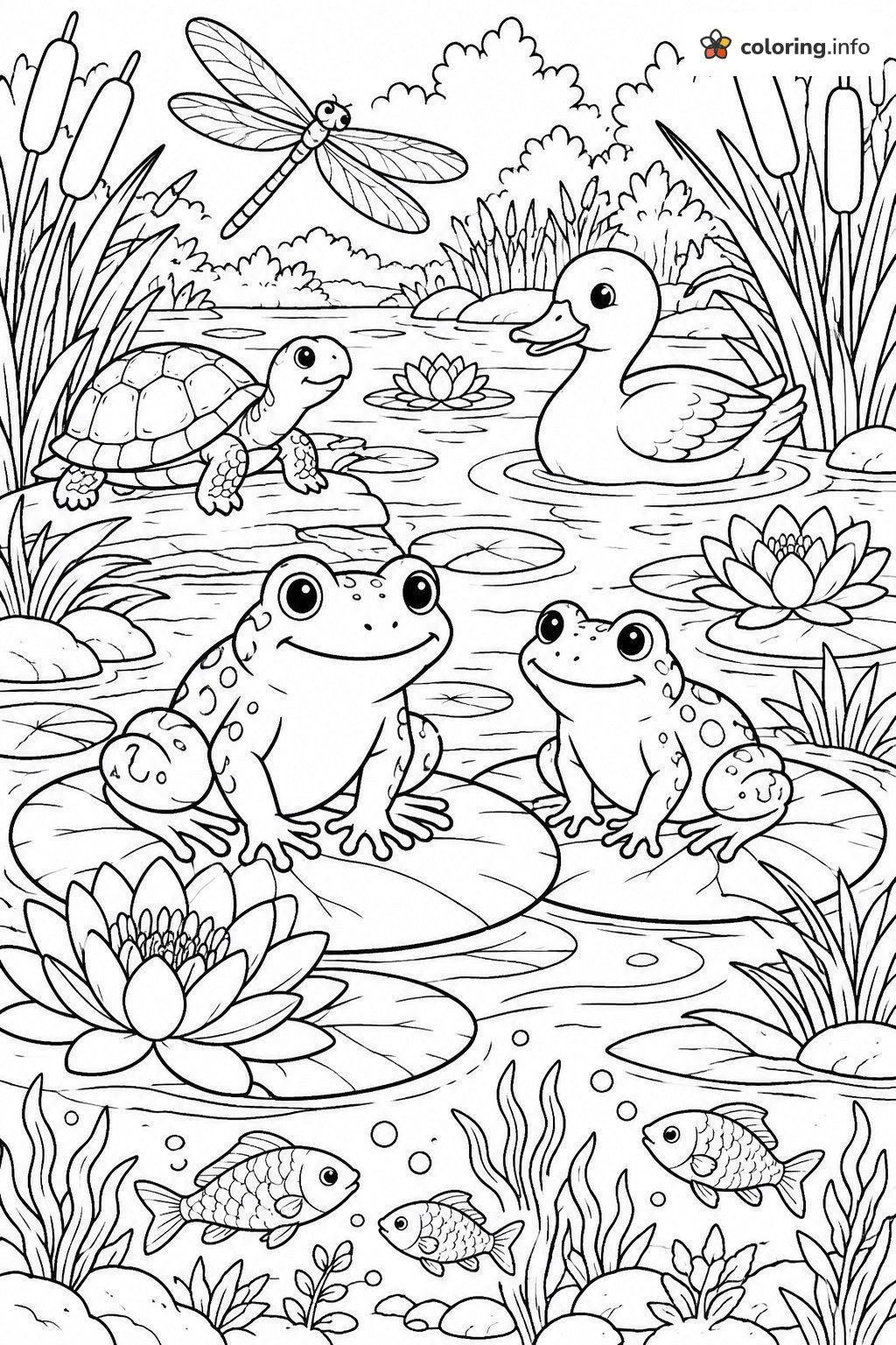Two Frogs Sharing Lily Pads in a Busy Pond coloring page Two Frogs Sharing Lily Pads in a Busy Pond coloring page
