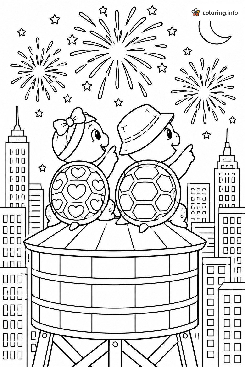 Fireworks Night Over the City with Teenage Mutant Ninja Turtles coloring page Fireworks Night Over the City with Teenage Mutant Ninja Turtles coloring page