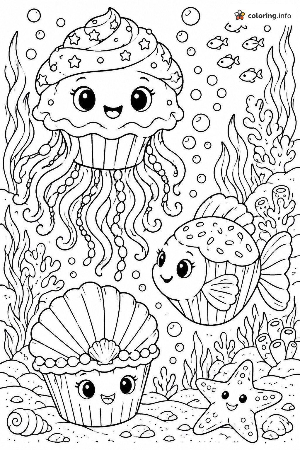 Cupcake Sea Creatures Swimming Underwater coloring page Cupcake Sea Creatures Swimming Underwater coloring page