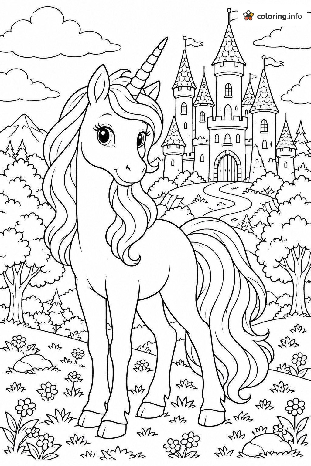 Meadow Unicorns Beside a Fairytale Castle printable coloring page Meadow Unicorns Beside a Fairytale Castle printable coloring page