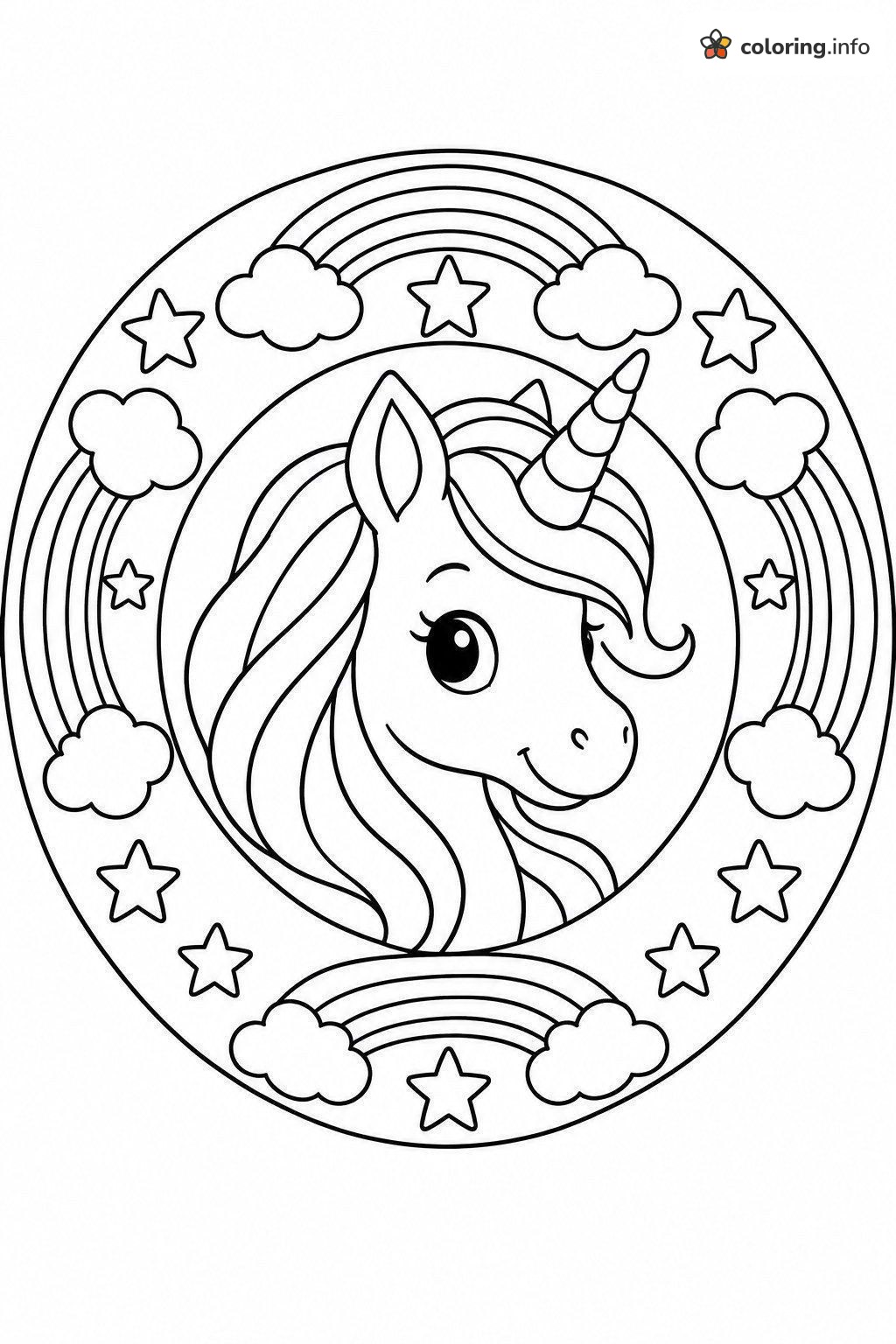Unicorn Mandala with Rainbows and Stars coloring page Unicorn Mandala with Rainbows and Stars coloring page