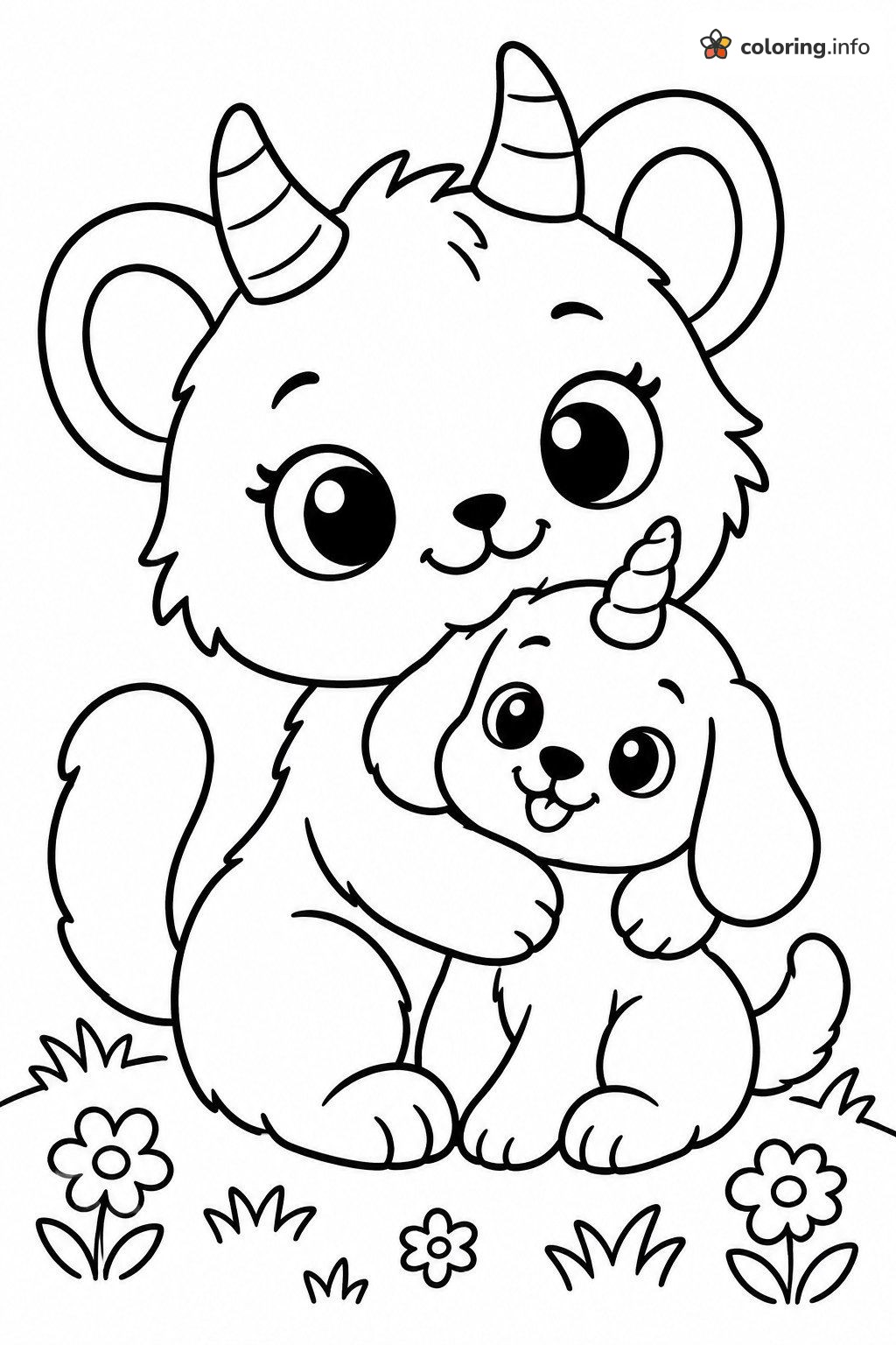 Unikitty-Style Kitten Cuddling a Unicorn Puppy in the Grass coloring page Unikitty-Style Kitten Cuddling a Unicorn Puppy in the Grass coloring page