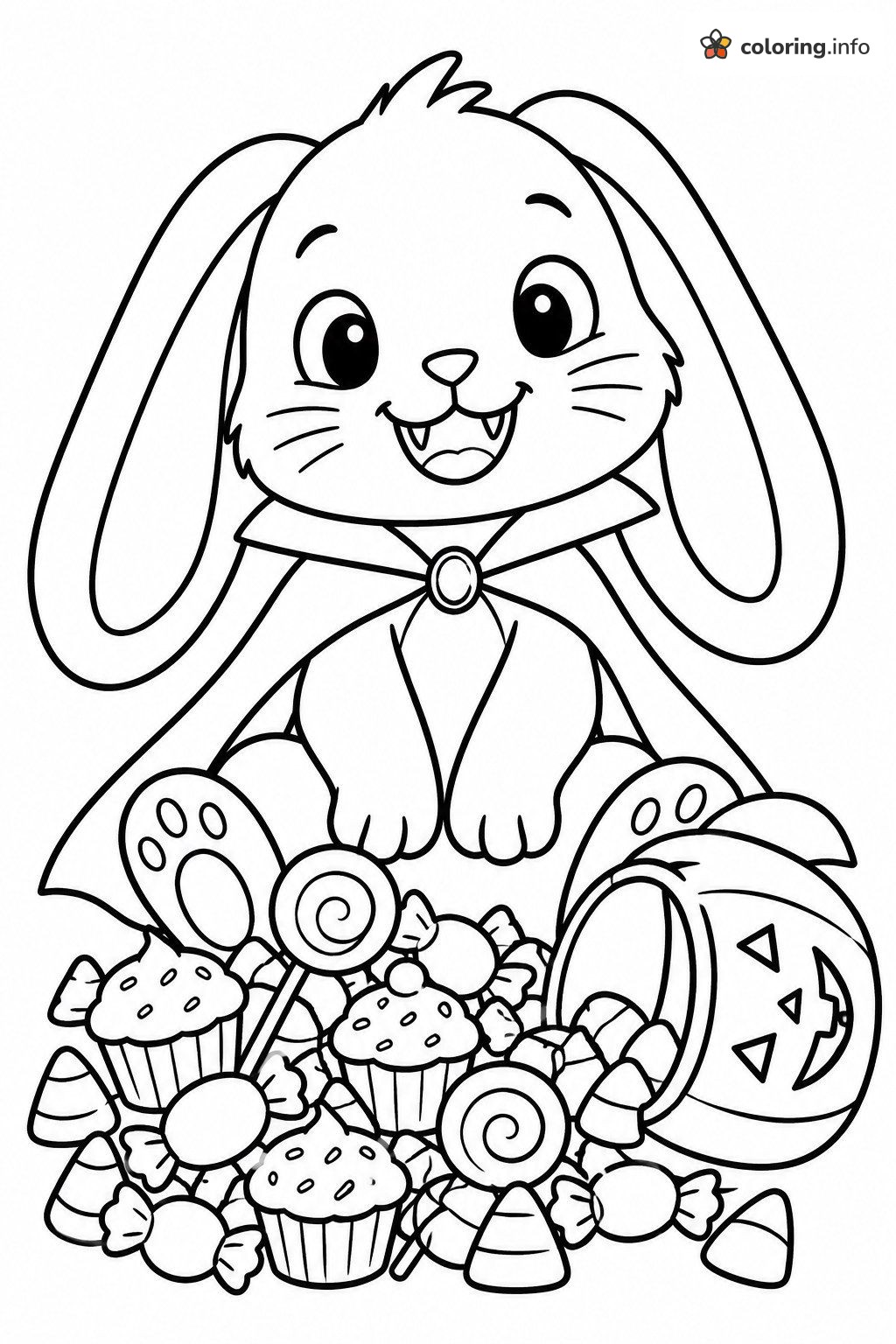 Vampire Bunny and a Pile of Halloween Candy coloring page Vampire Bunny and a Pile of Halloween Candy coloring page