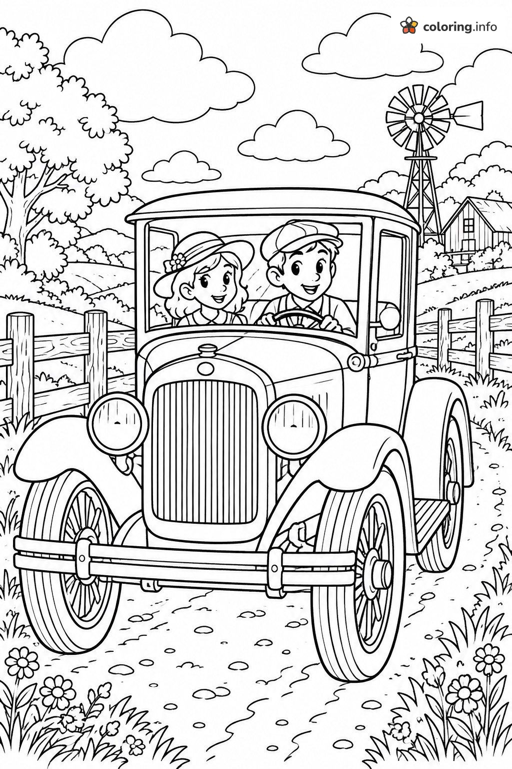 Old-Fashioned Car Ride Past the Windmill and Barn coloring page Old-Fashioned Car Ride Past the Windmill and Barn coloring page