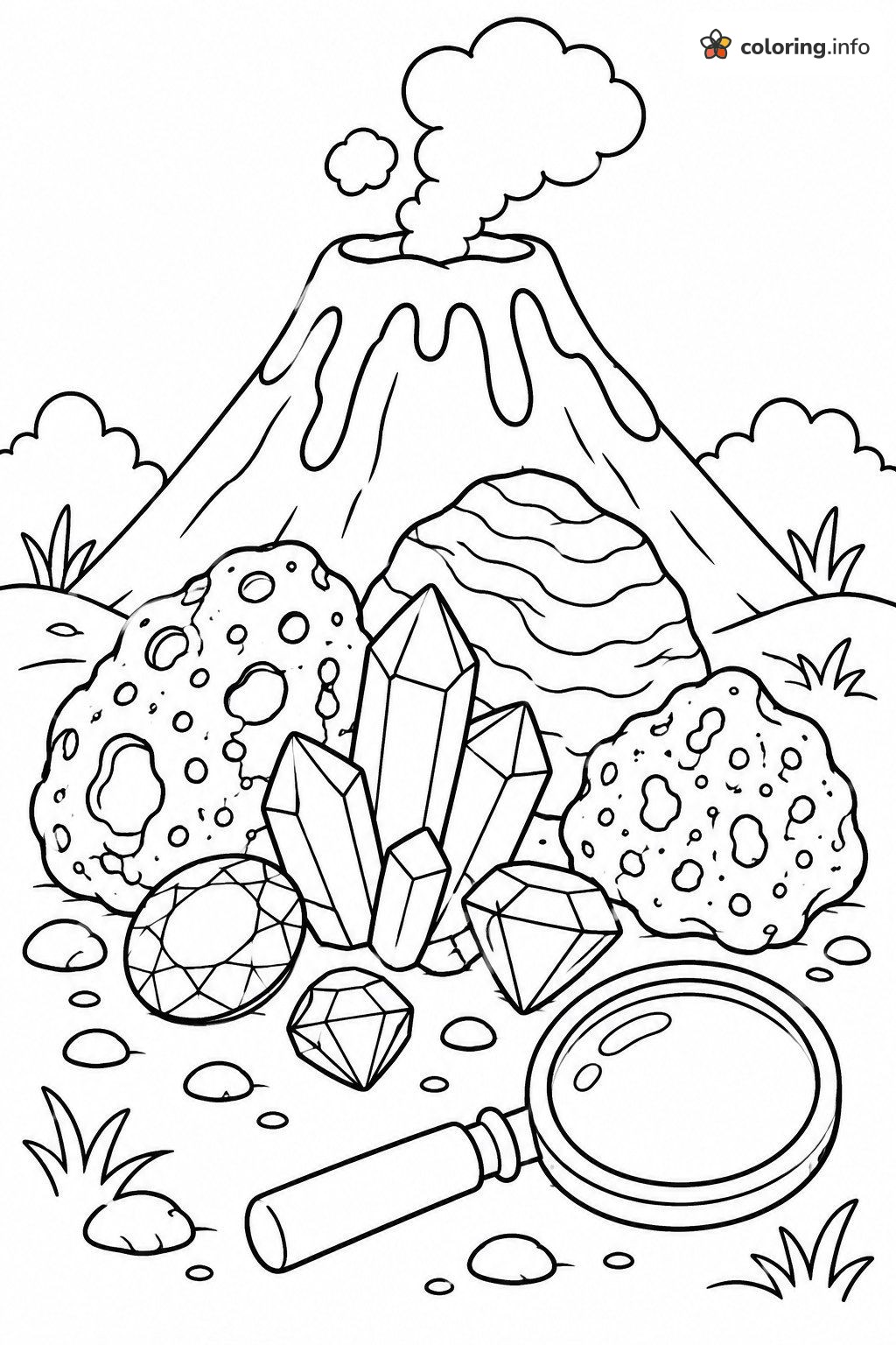 Crystals and Gemstones in Front of a Volcano coloring page Crystals and Gemstones in Front of a Volcano coloring page