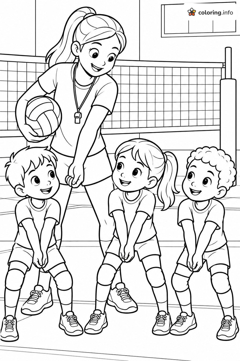 Coach Showing Kids the Volleyball Forearm Pass printable coloring page Coach Showing Kids the Volleyball Forearm Pass printable coloring page