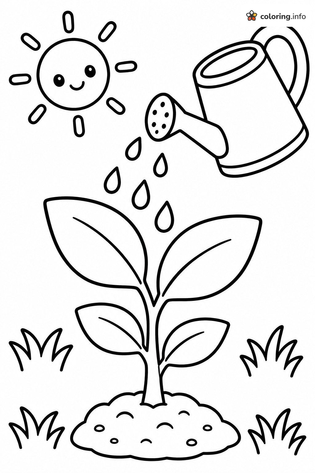 Watering a Young Tree Seedling Under a Smiling Sun coloring page Watering a Young Tree Seedling Under a Smiling Sun coloring page