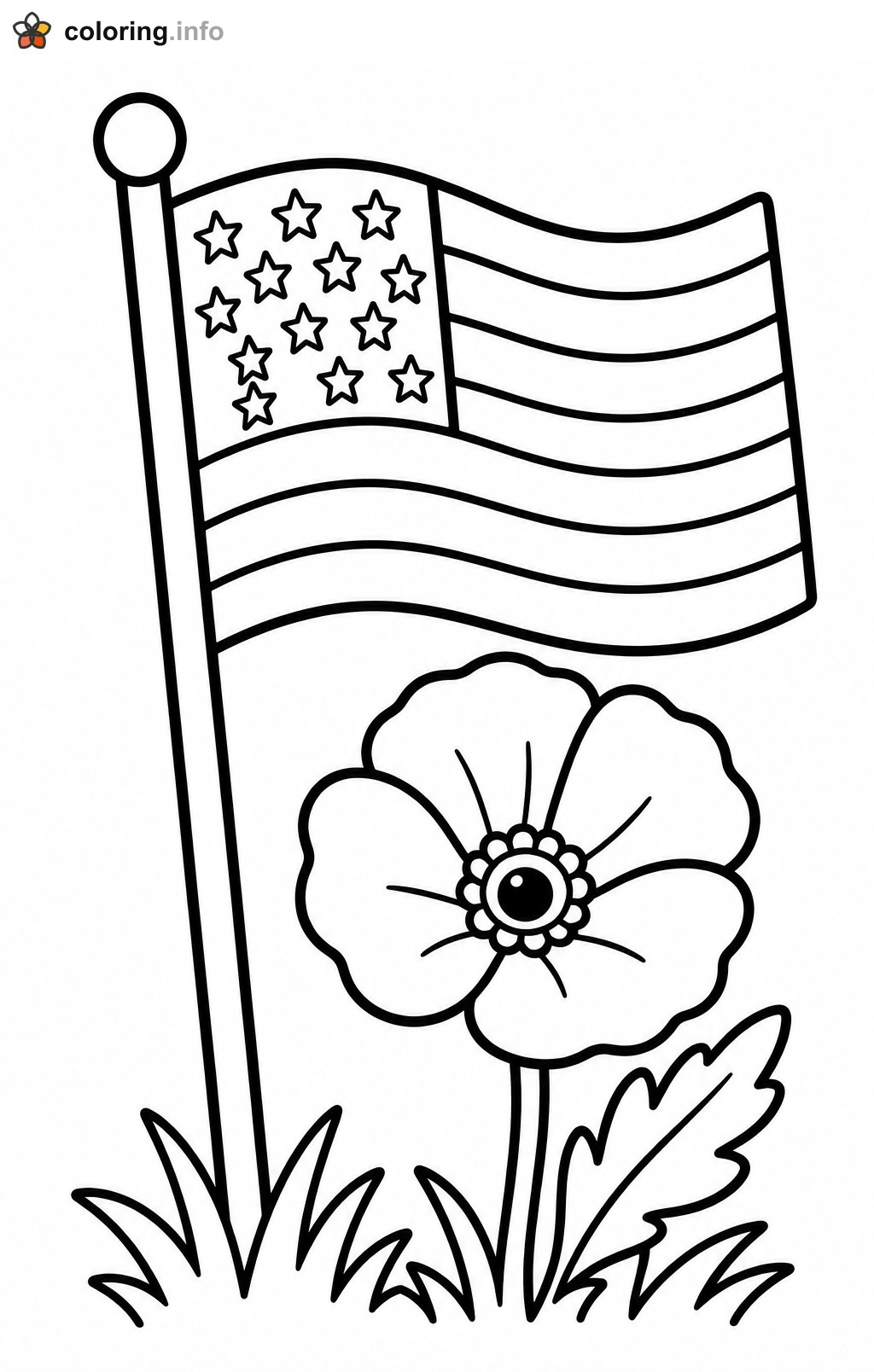 Waving American Flag and Poppy Flower in Grass coloring sheet Waving American Flag and Poppy Flower in Grass coloring sheet