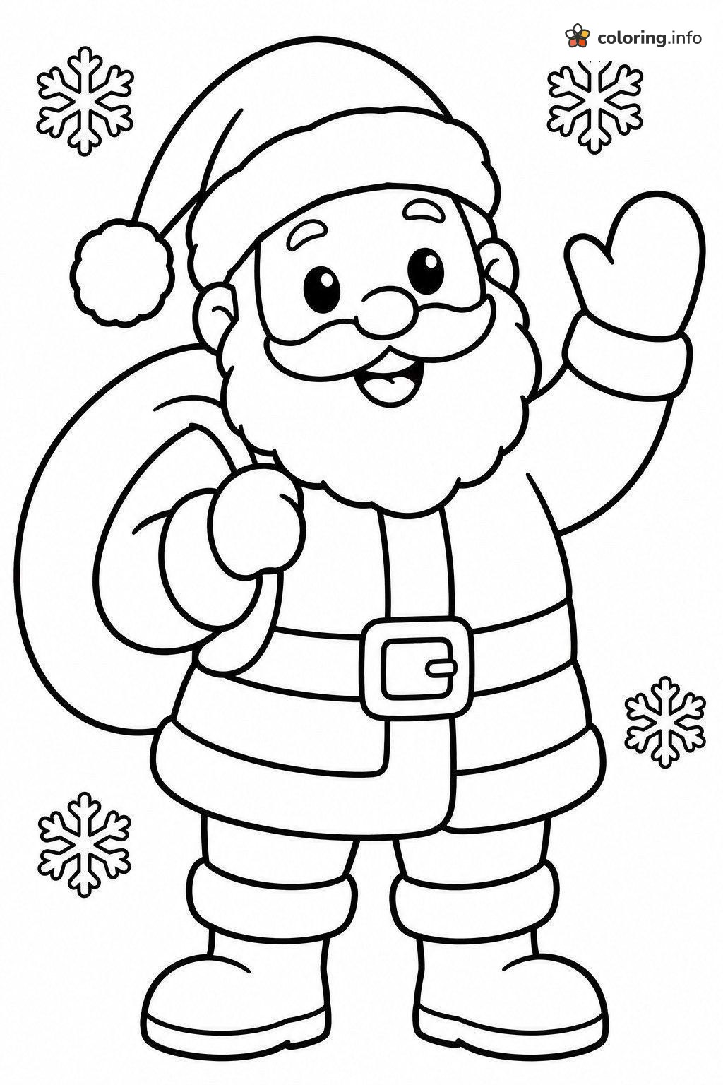 Friendly Santa Claus Waving with His Sack and Snowflakes coloring page Friendly Santa Claus Waving with His Sack and Snowflakes coloring page