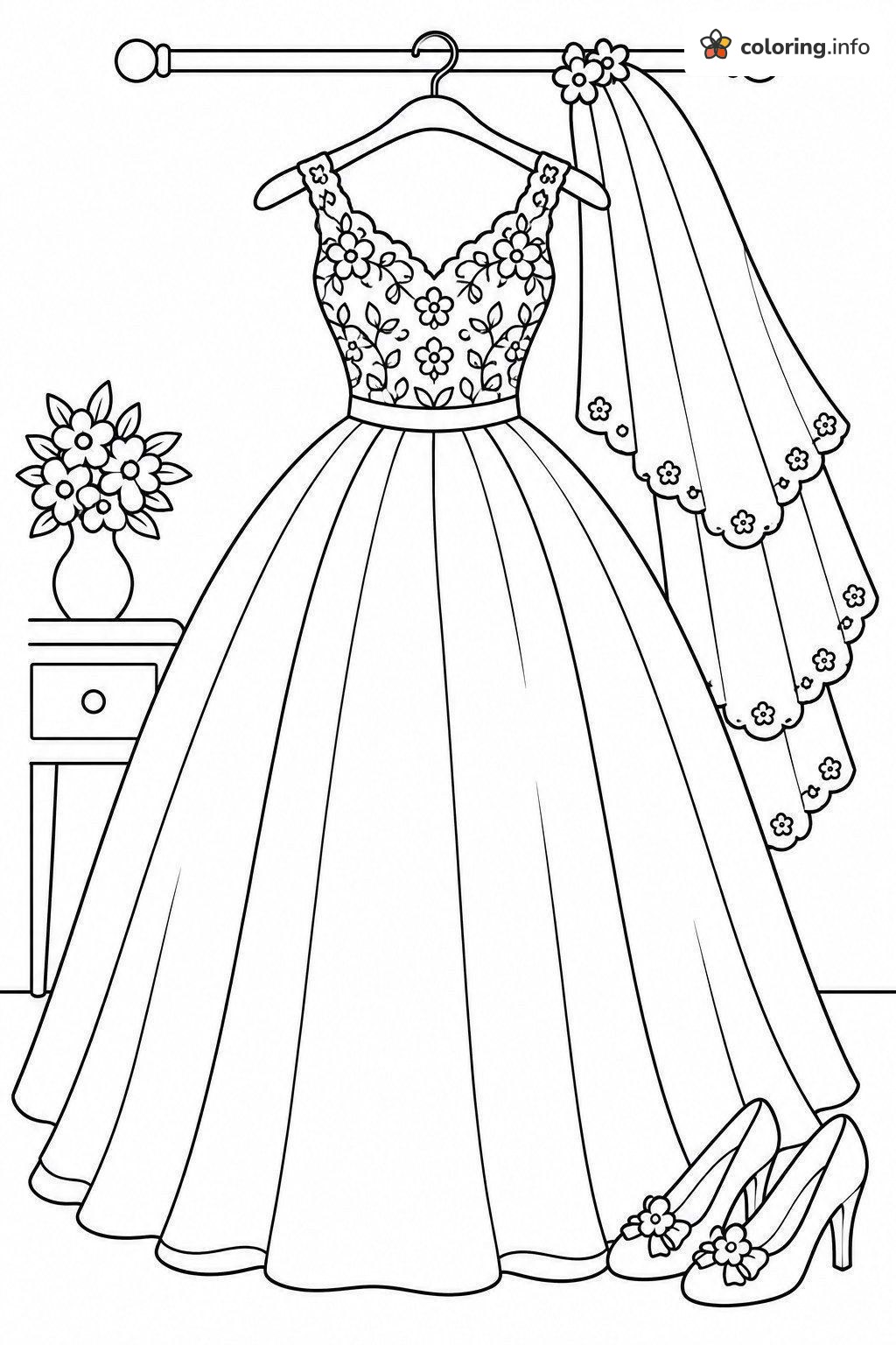 Getting Ready for the Wedding: Gown, Veil and Heels coloring page Getting Ready for the Wedding: Gown, Veil and Heels coloring page