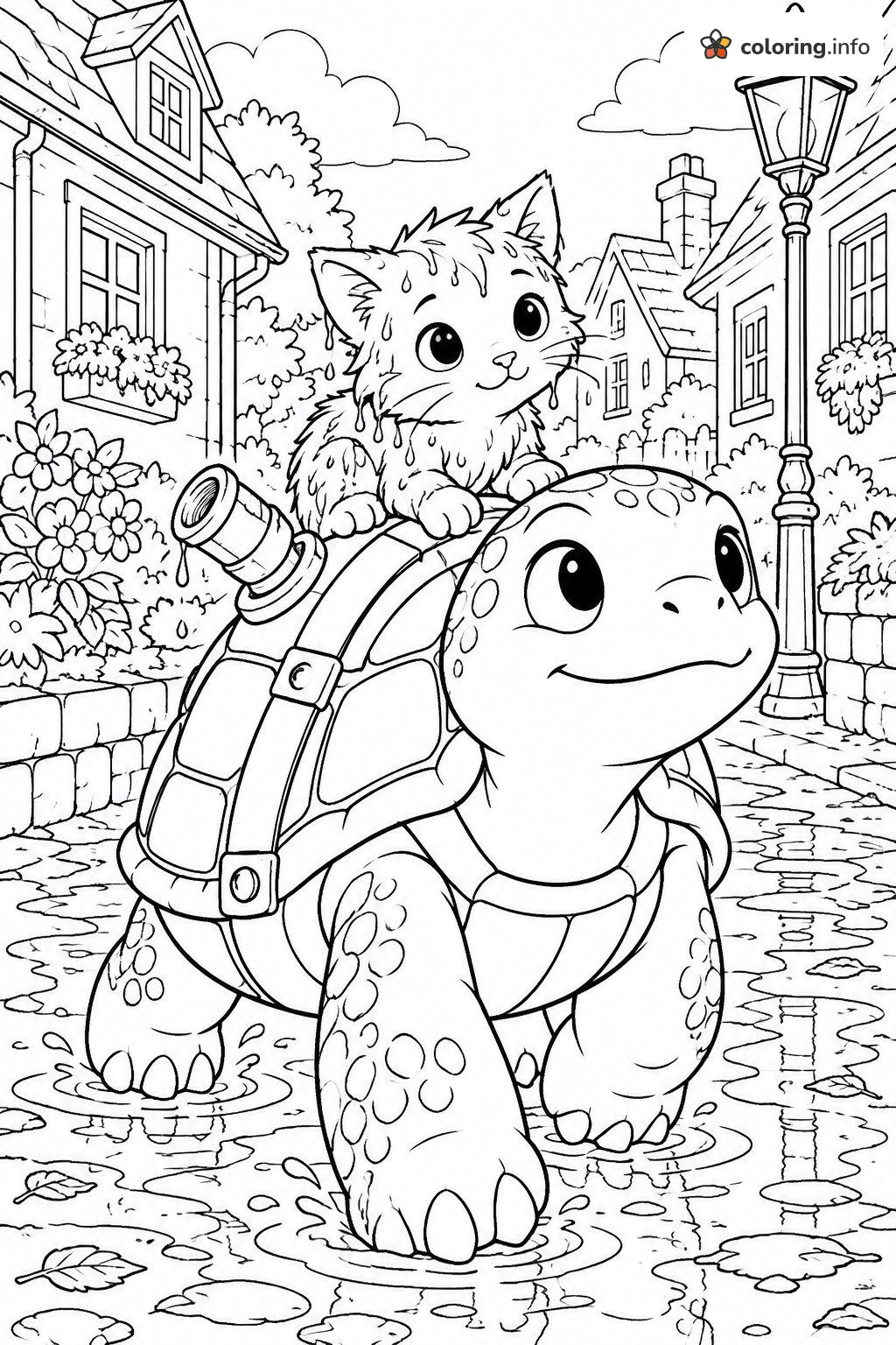 Rainy Day Blastoise Turtle Giving a Soggy Kitten a Ride coloring page Rainy Day Blastoise Turtle Giving a Soggy Kitten a Ride coloring page
