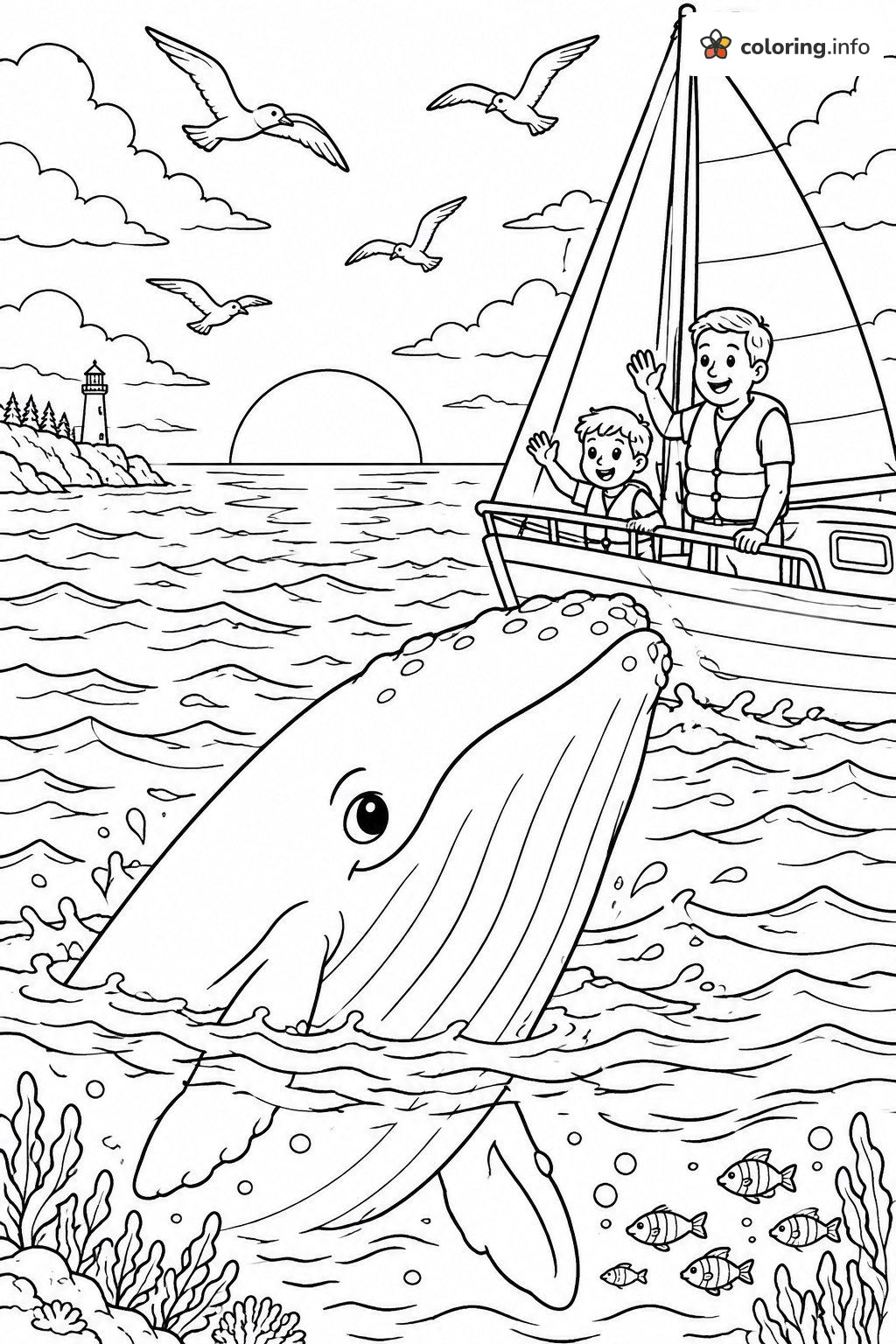 Father and Son Waving at a Whale From a Sailboat coloring sheet Father and Son Waving at a Whale From a Sailboat coloring sheet