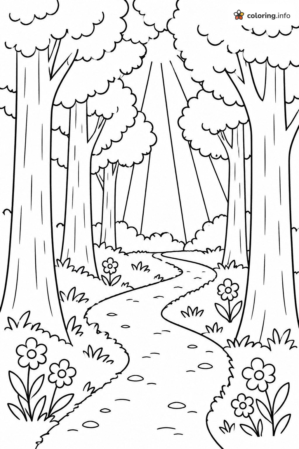 Sunlit Path Through the Forest With Daisies coloring page Sunlit Path Through the Forest With Daisies coloring page