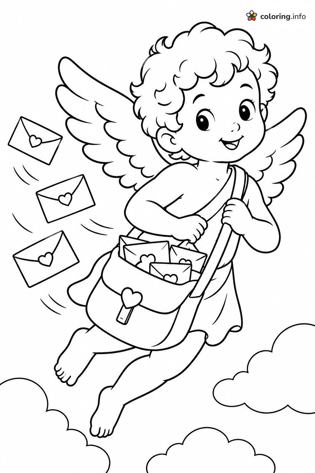 Valentine Cupid Delivering Love Letters Through the Clouds coloring page Valentine Cupid Delivering Love Letters Through the Clouds coloring page