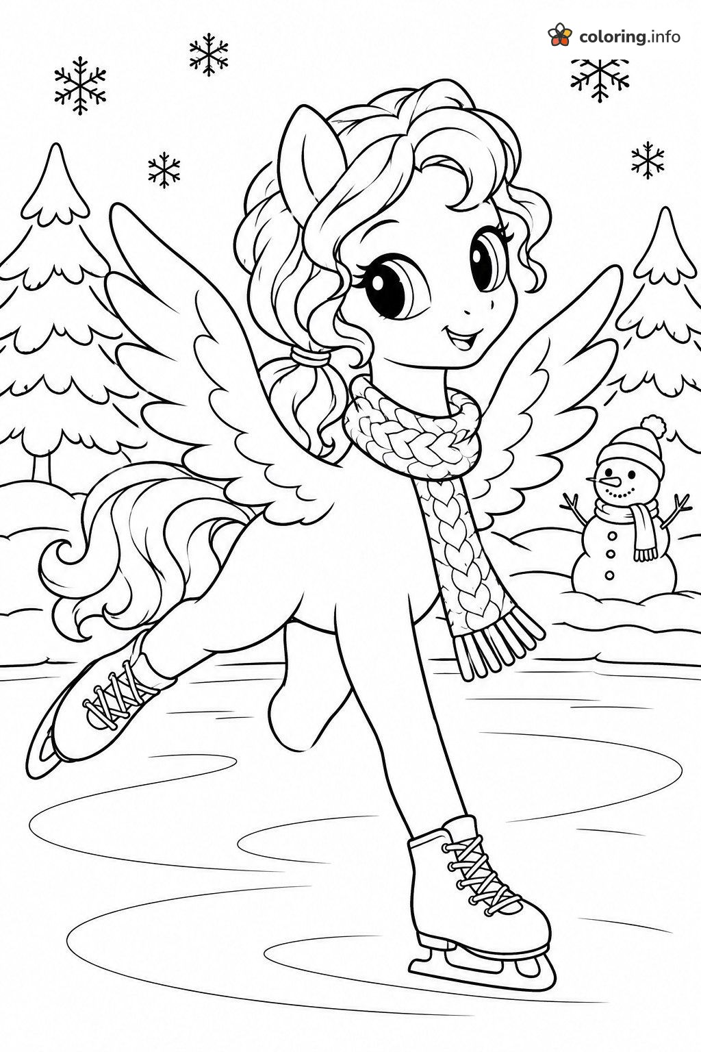 Ice Skating Rainbow Dash (MLP) Next to a Snowman printable coloring page Ice Skating Rainbow Dash (MLP) Next to a Snowman printable coloring page
