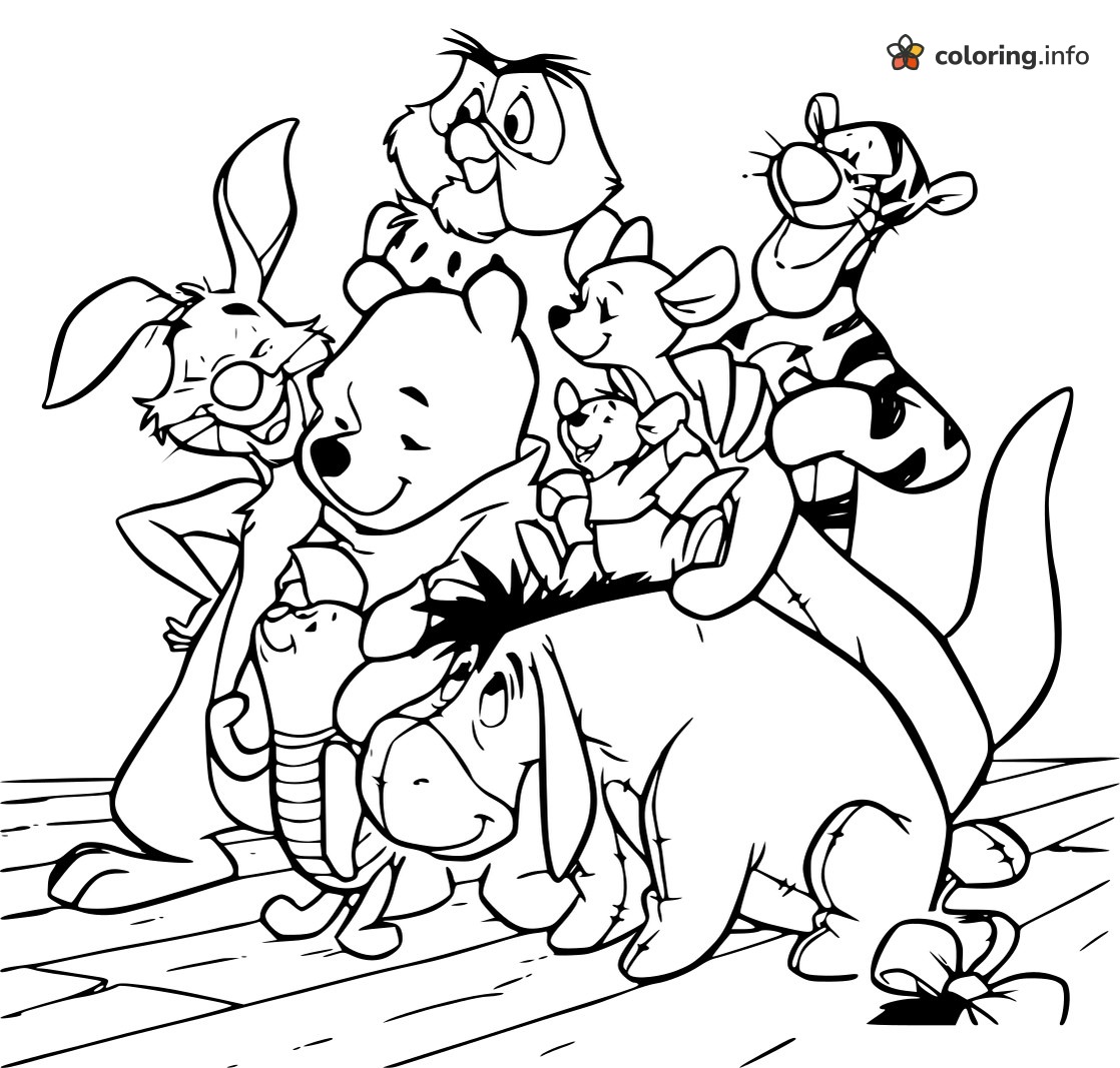 Cuddly Huddle of Winnie the Pooh and Friends on a Wooden Floor coloring page Cuddly Huddle of Winnie the Pooh and Friends on a Wooden Floor coloring page