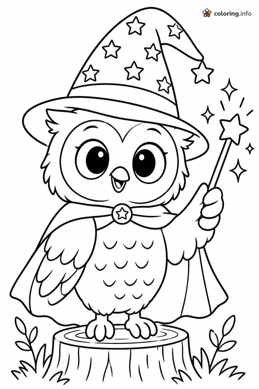 Tiny Wizard Owl With a Star Wand on a Stump coloring sheet Tiny Wizard Owl With a Star Wand on a Stump coloring sheet