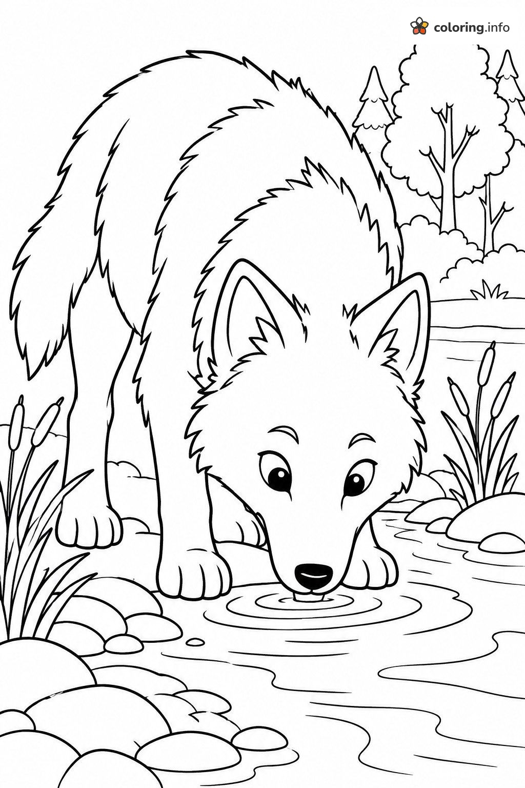 Thirsty Wolf Drinking at a Rocky Stream coloring page Thirsty Wolf Drinking at a Rocky Stream coloring page