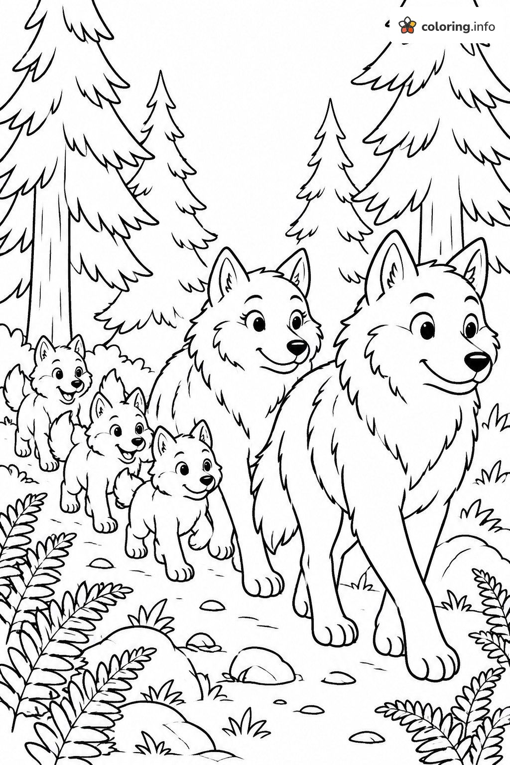 Two Wolves and Three Pups Walking Through Pines coloring page Two Wolves and Three Pups Walking Through Pines coloring page