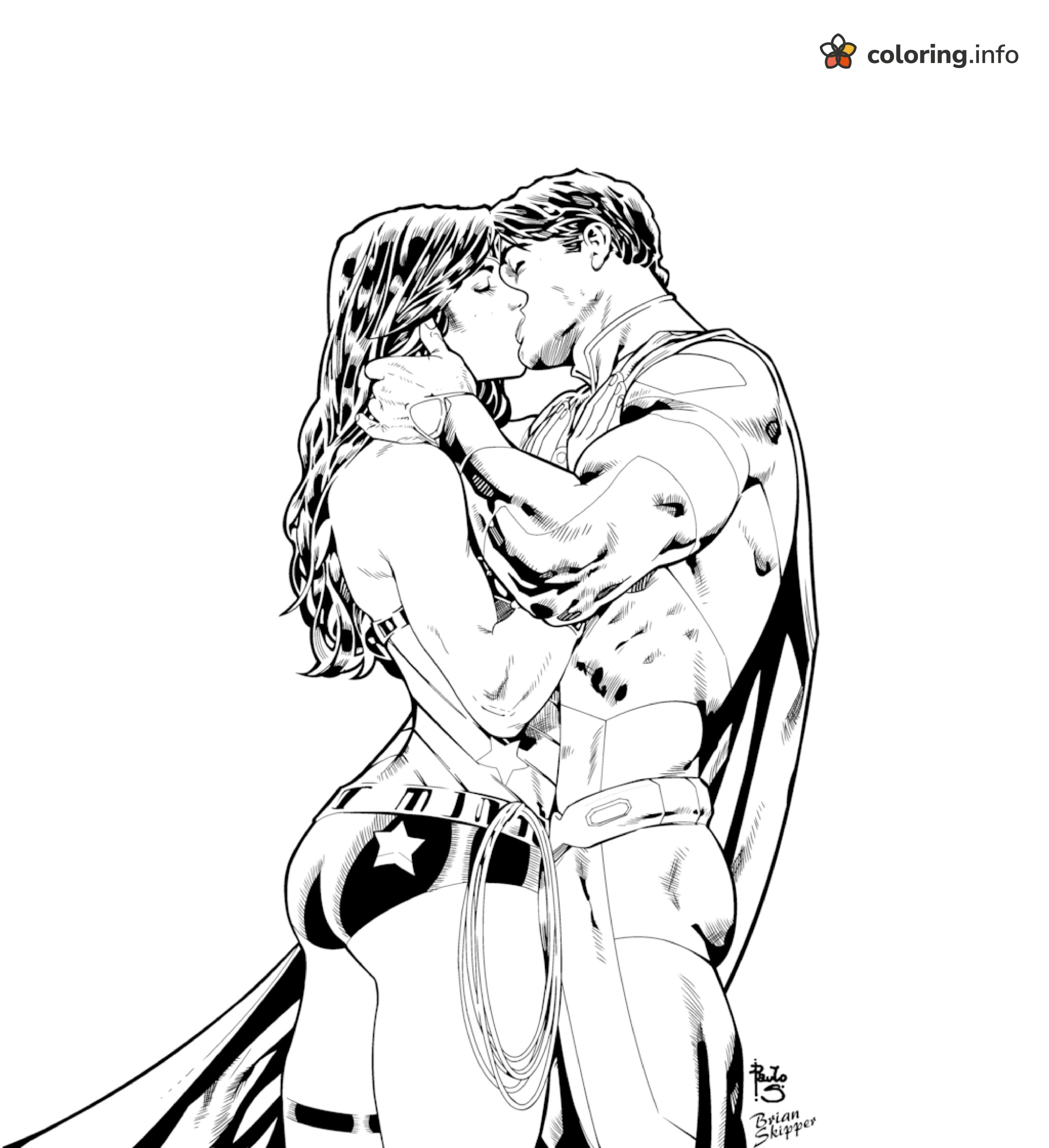 Tender Kiss Between Wonder Woman and a Caped Hero coloring page Tender Kiss Between Wonder Woman and a Caped Hero coloring page