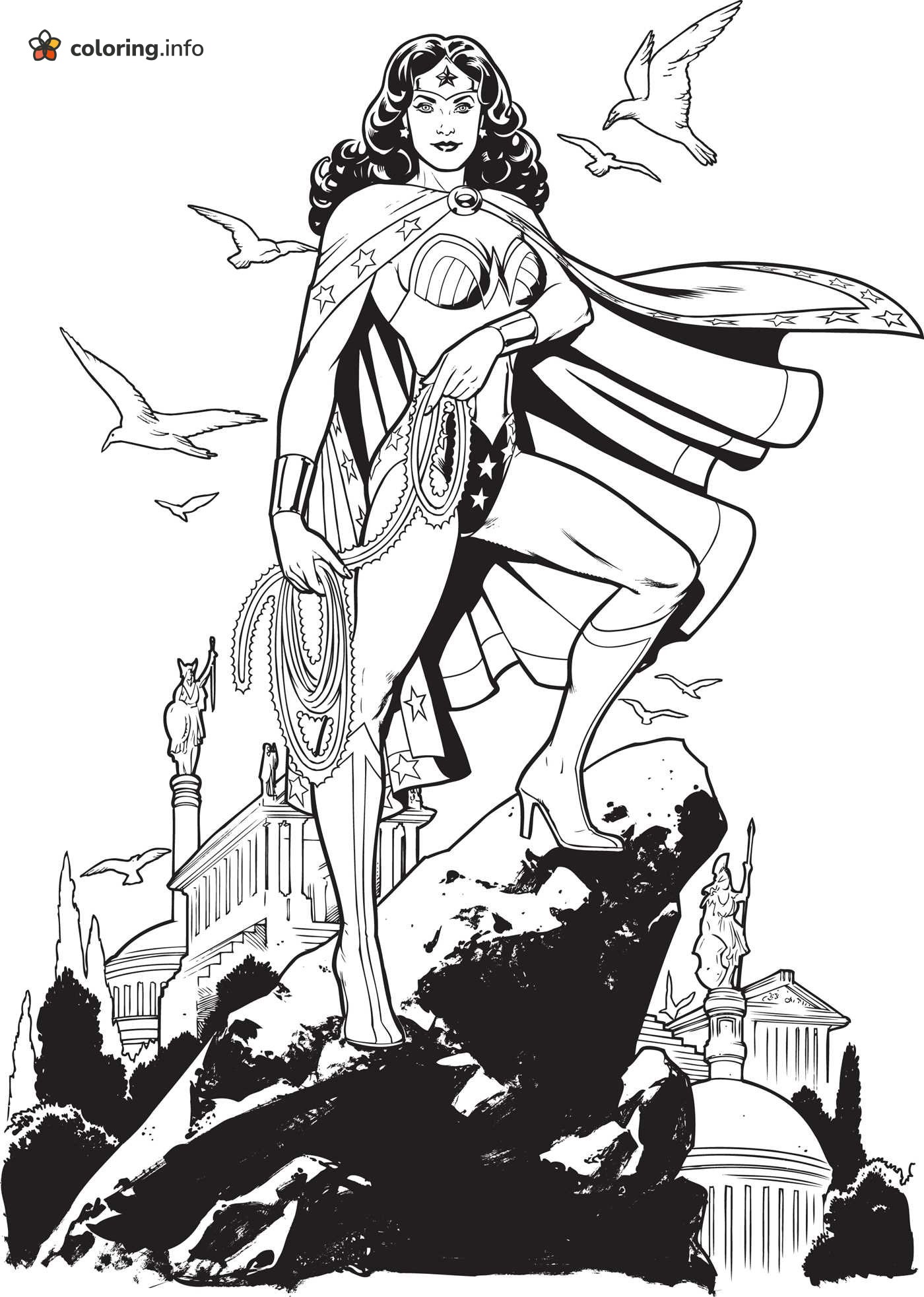 Rocky Cliff Wonder Woman with Lasso and Seagulls coloring page Rocky Cliff Wonder Woman with Lasso and Seagulls coloring page