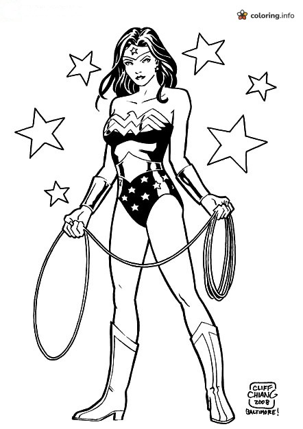 Tall Wonder Woman Holding a Coiled Lasso Among Stars coloring page Tall Wonder Woman Holding a Coiled Lasso Among Stars coloring page
