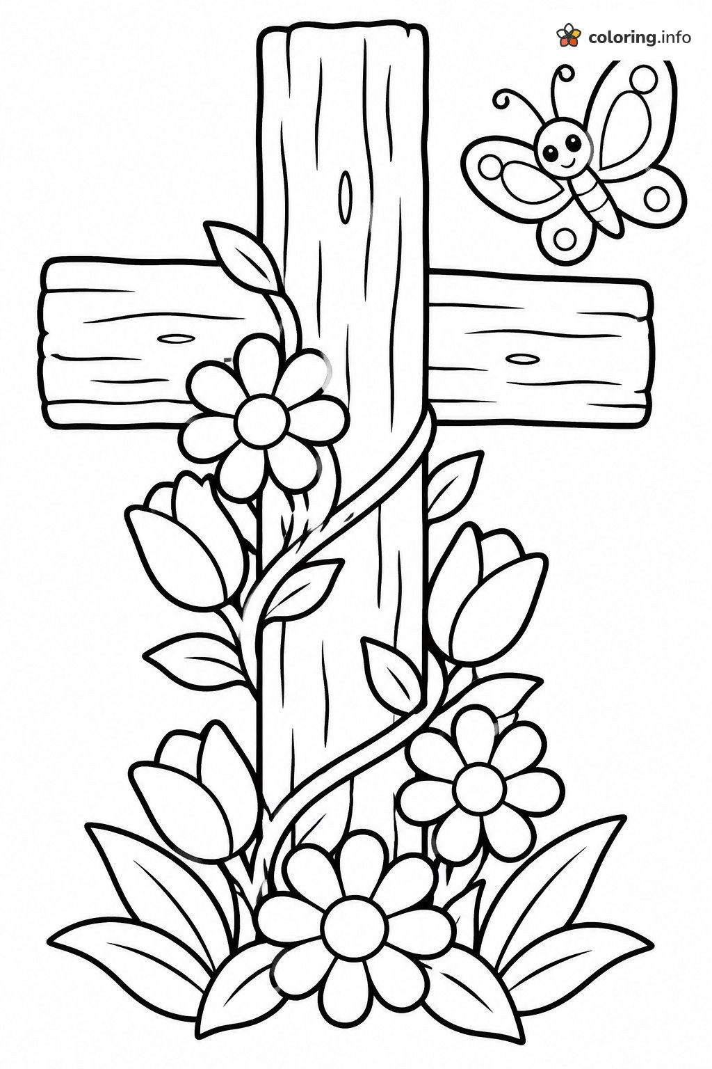 Butterfly and Flowers Around a Good Friday Cross coloring page Butterfly and Flowers Around a Good Friday Cross coloring page
