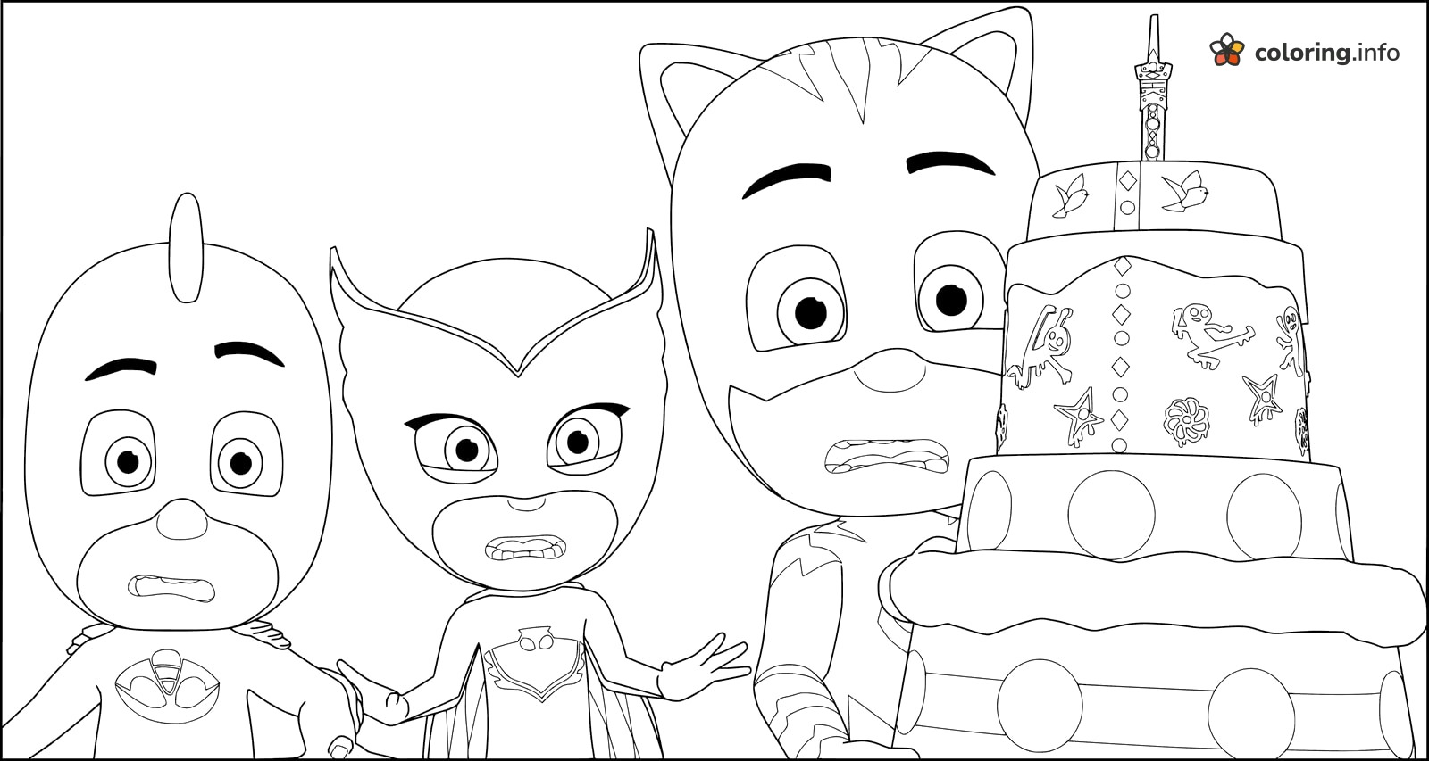 Cake Surprise with the PJ Masks Trio coloring page Cake Surprise with the PJ Masks Trio coloring page